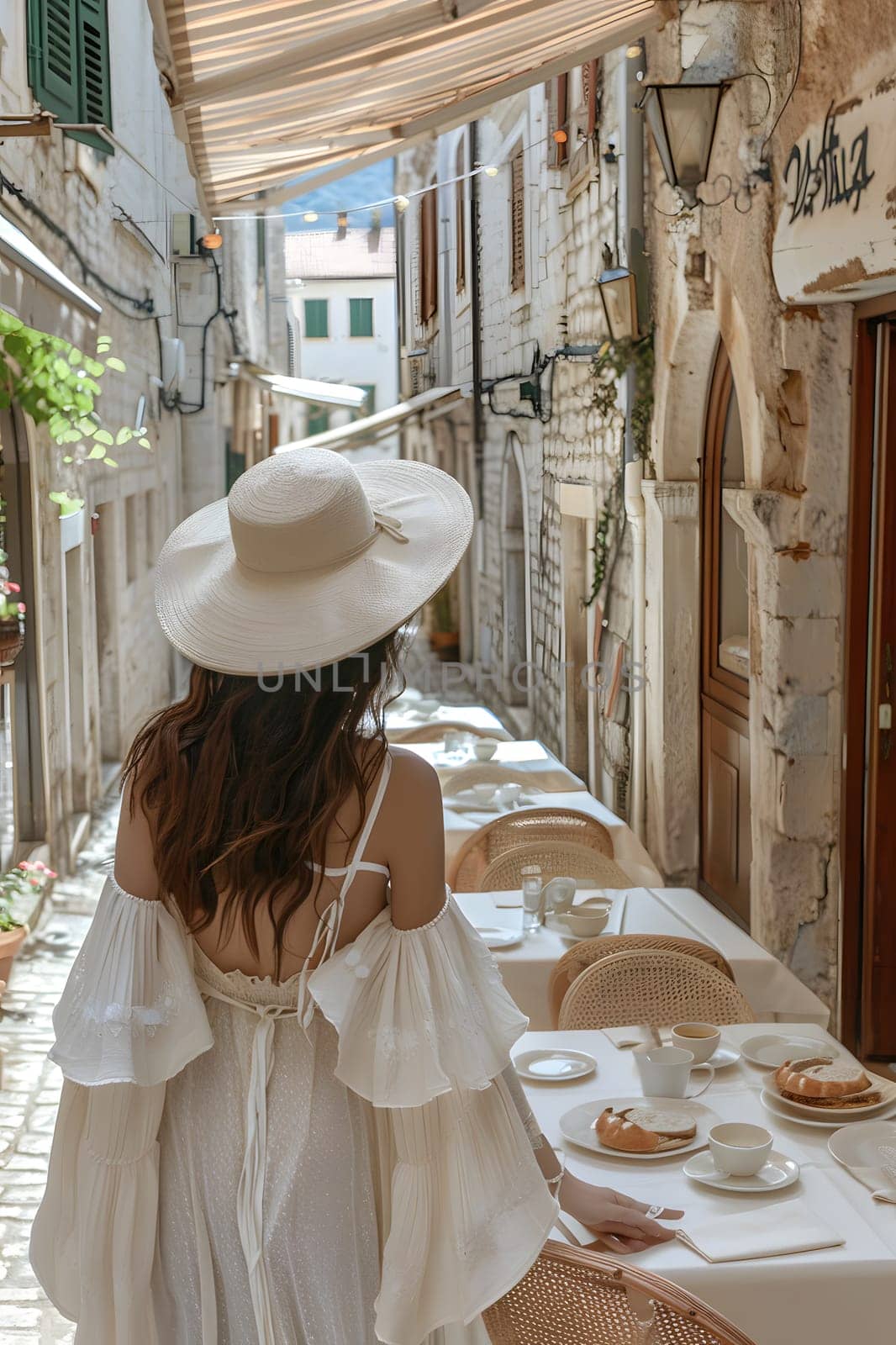 A woman in a white sun hat and dress strolls along a narrow street. High quality photo