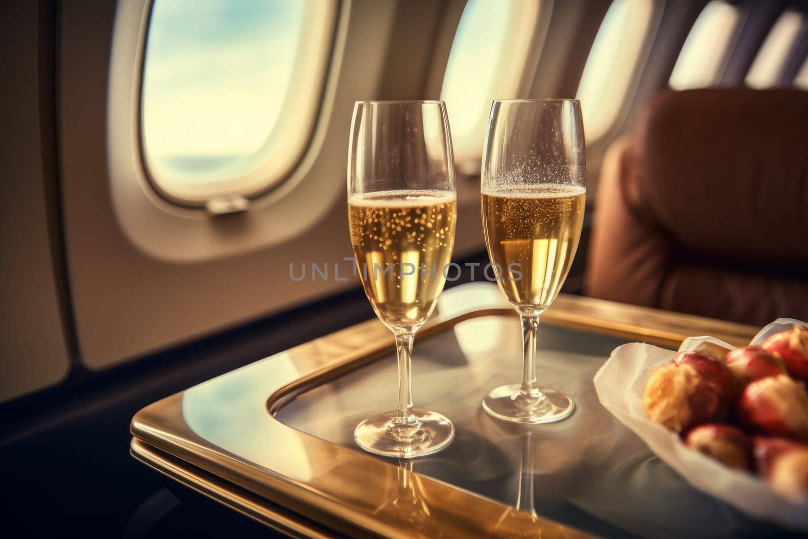 Bubbly Glasses with champagne on airplane flight. Luxury private plane VIP service. Generate ai