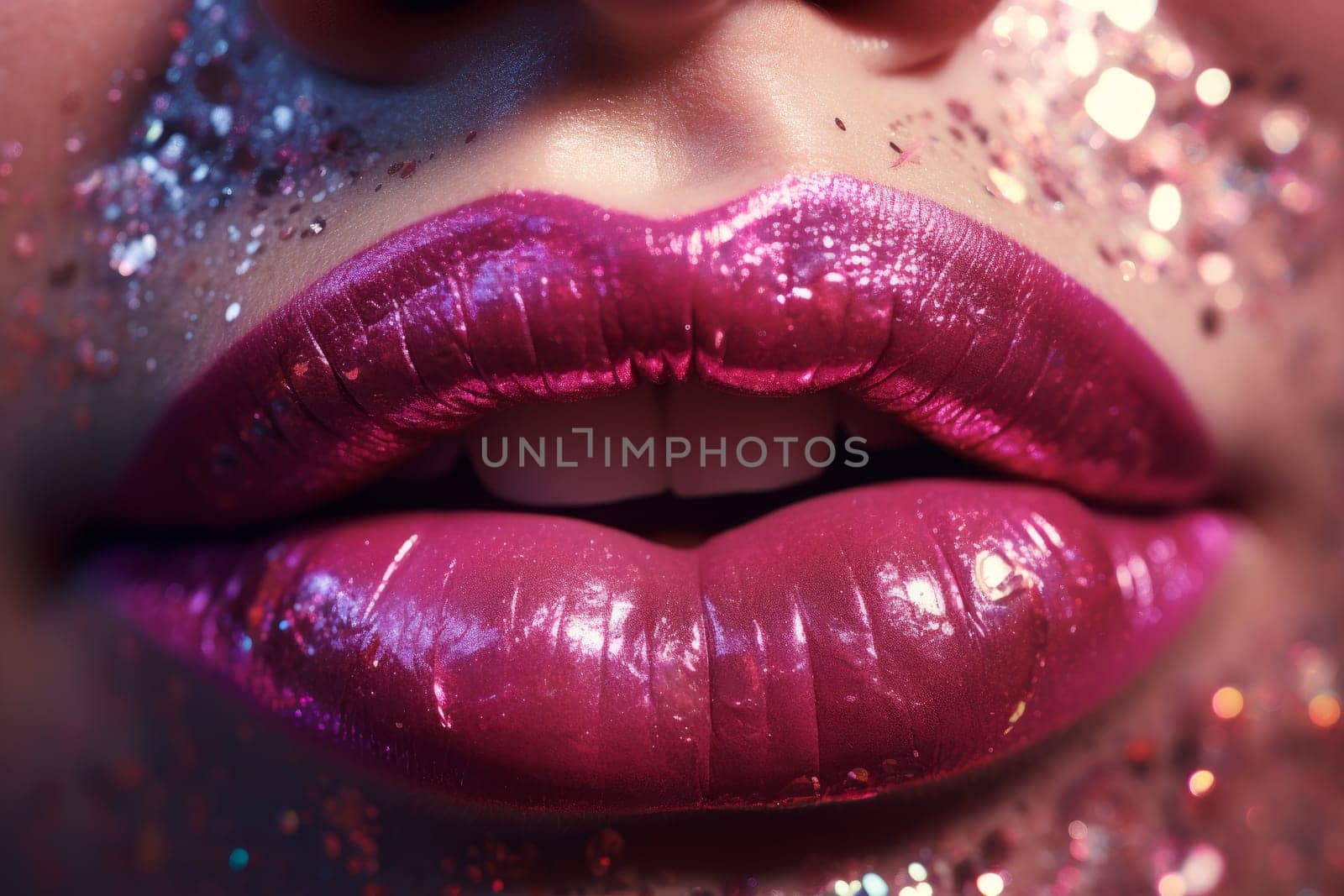 Radiant Glittery lips. Makeup face styling. Generate Ai