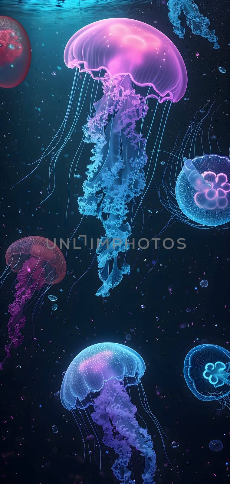 glowing sea jellyfishes on dark background, neural network generated image by z1b