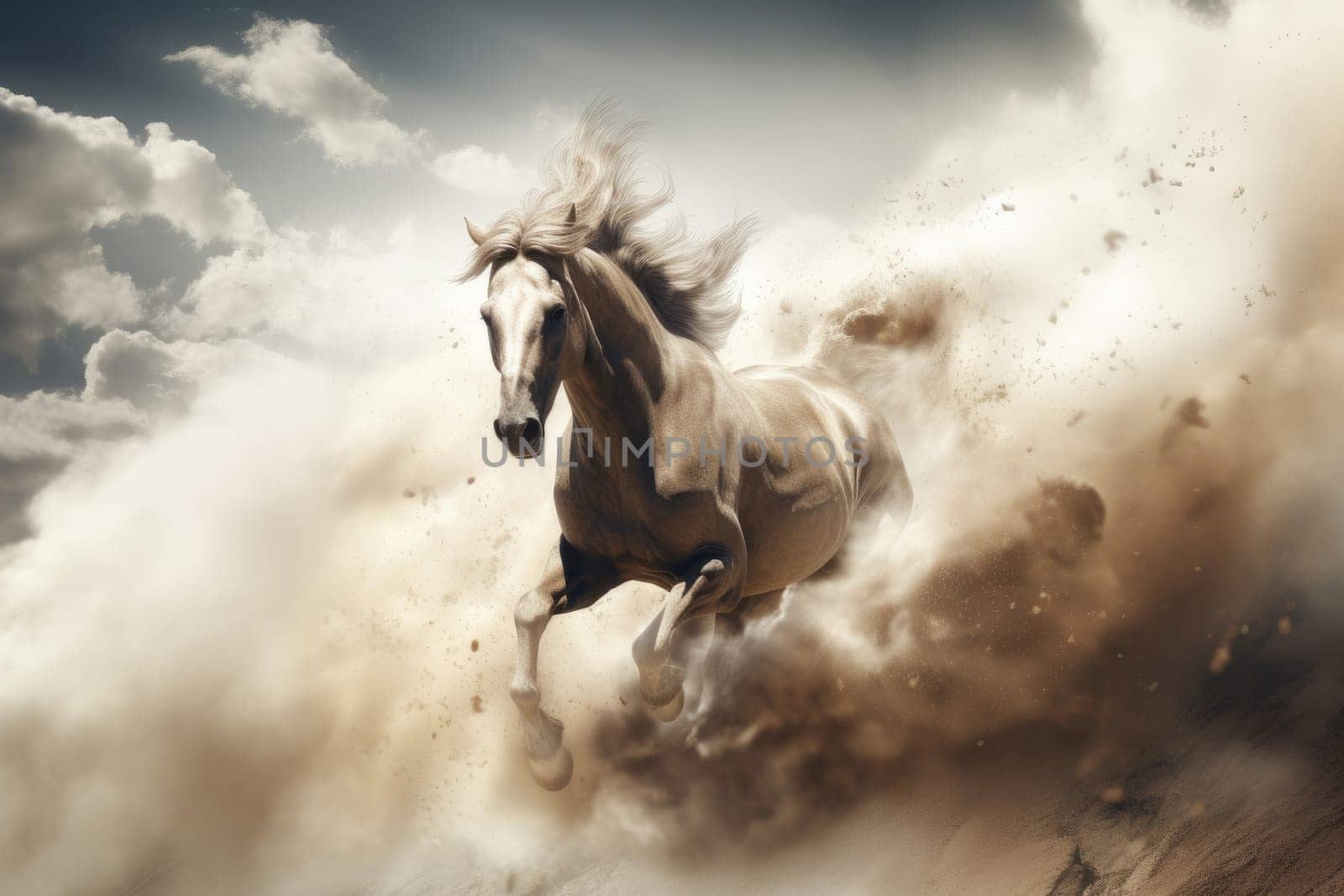 Untamed Horse wild running through clouds. Generate Ai by ylivdesign