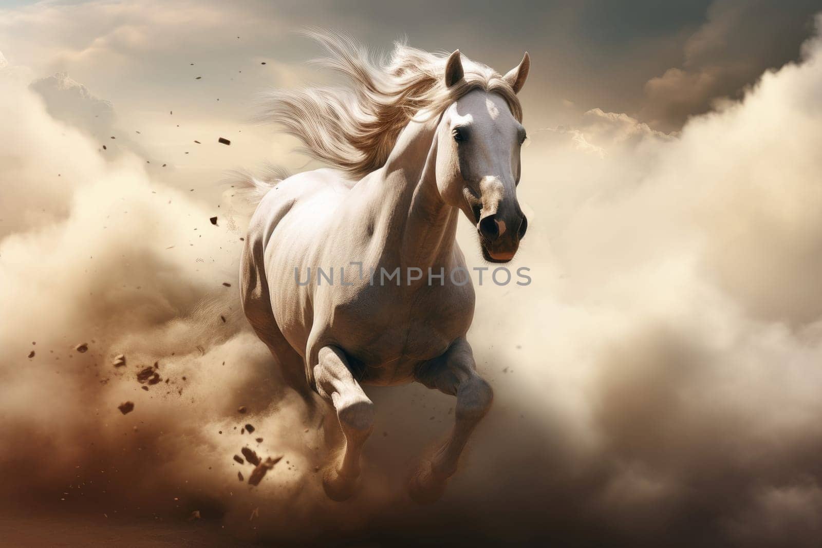 Frisky Horse wild running through clouds. Generate Ai by ylivdesign