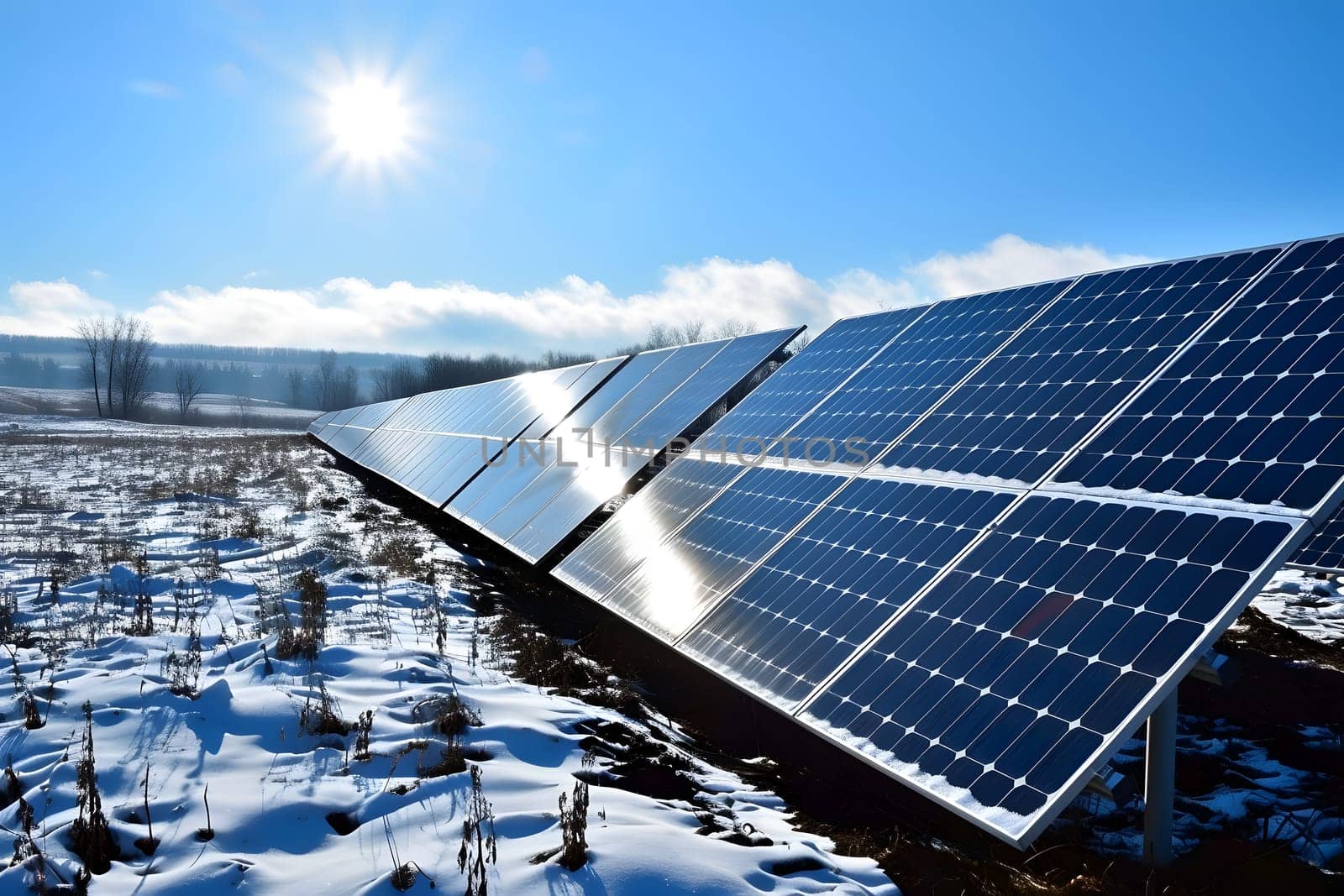 Photovoltaic solar panels in the field at sunny winter day. Neural network generated in January 2024. Not based on any actual scene or pattern.