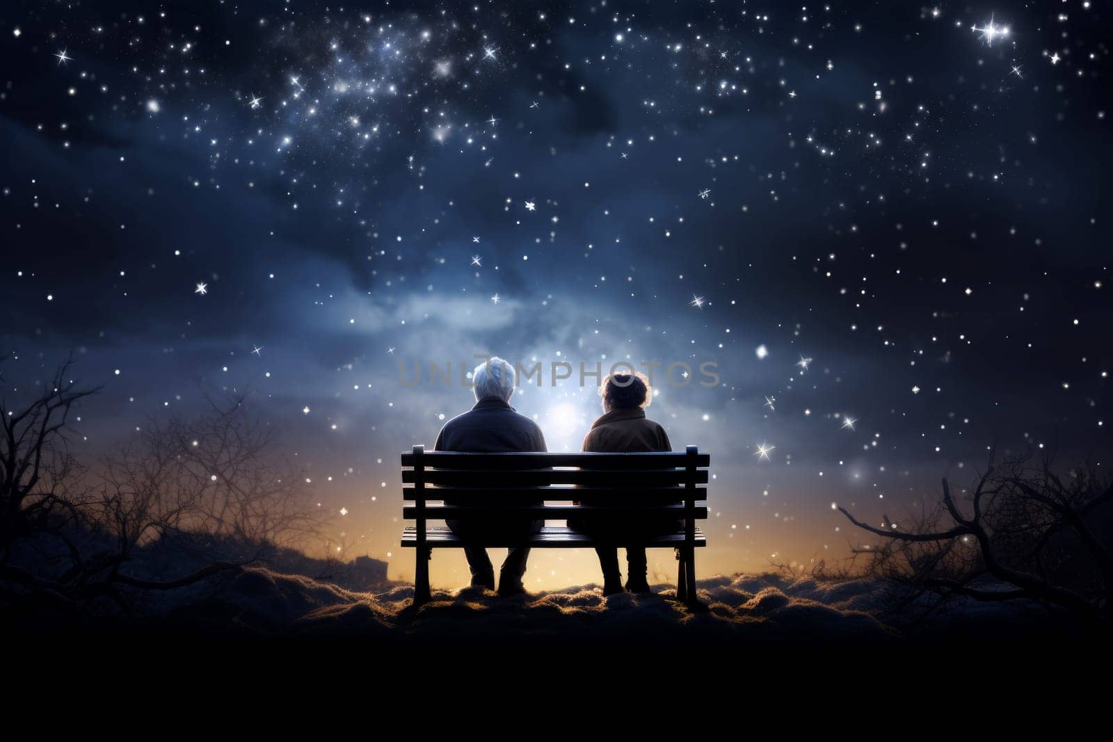 Grandparents sitting on bench. Night stars sky. Generate Ai