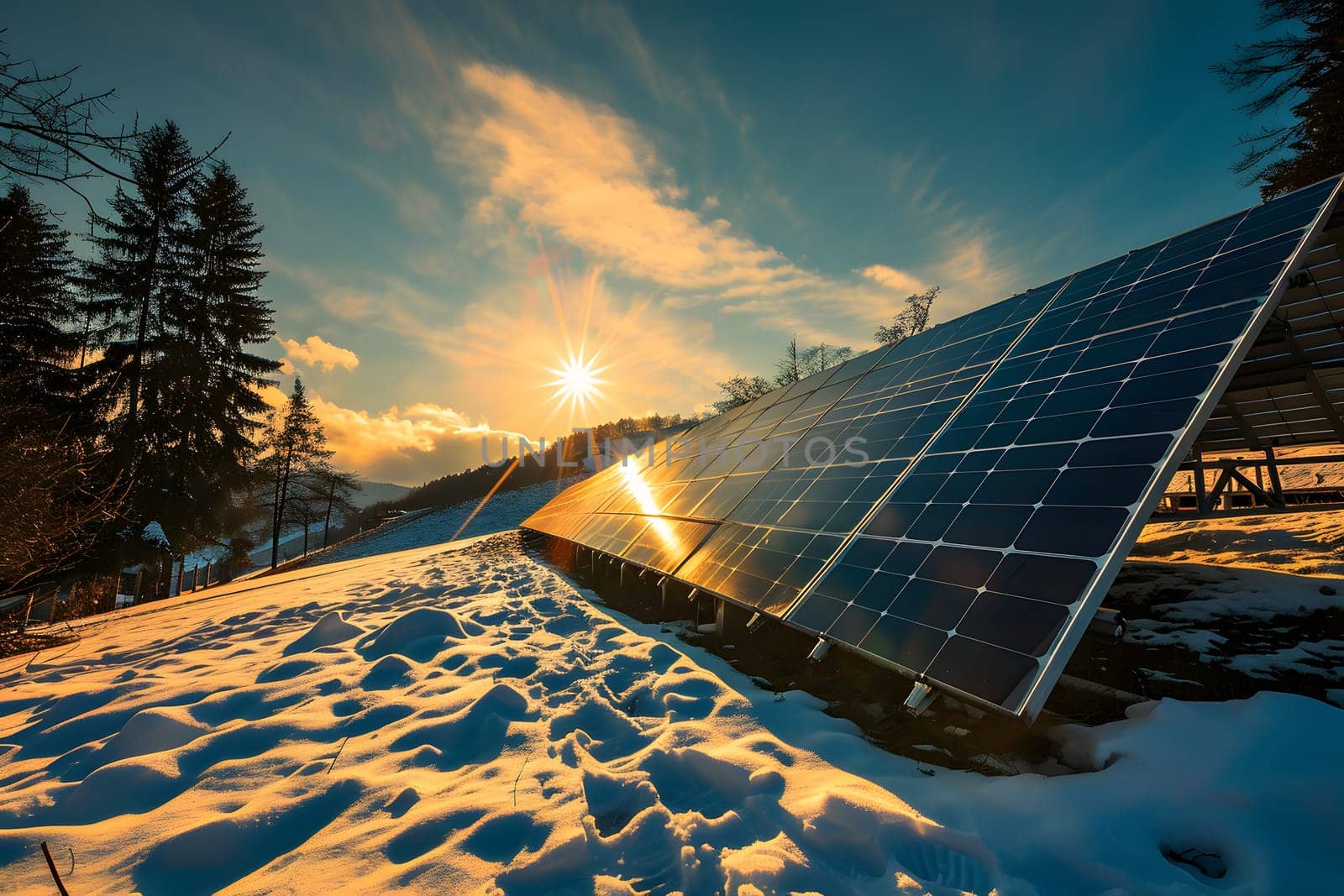 Photovoltaic solar panels in the field at winter sunset or sunrise by z1b