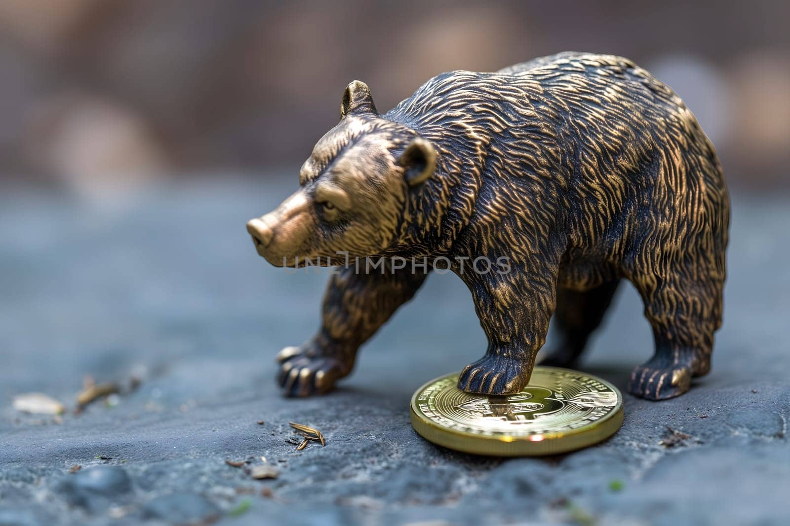 Bronze bear figure paw stomping and holding down bitcoin shiner. by z1b