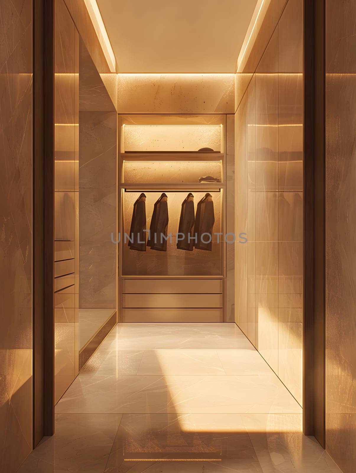 A walkin closet with wooden fixtures and hardwood flooring filled with an abundance of clothes hanging on racks, creating a transparent and organized space