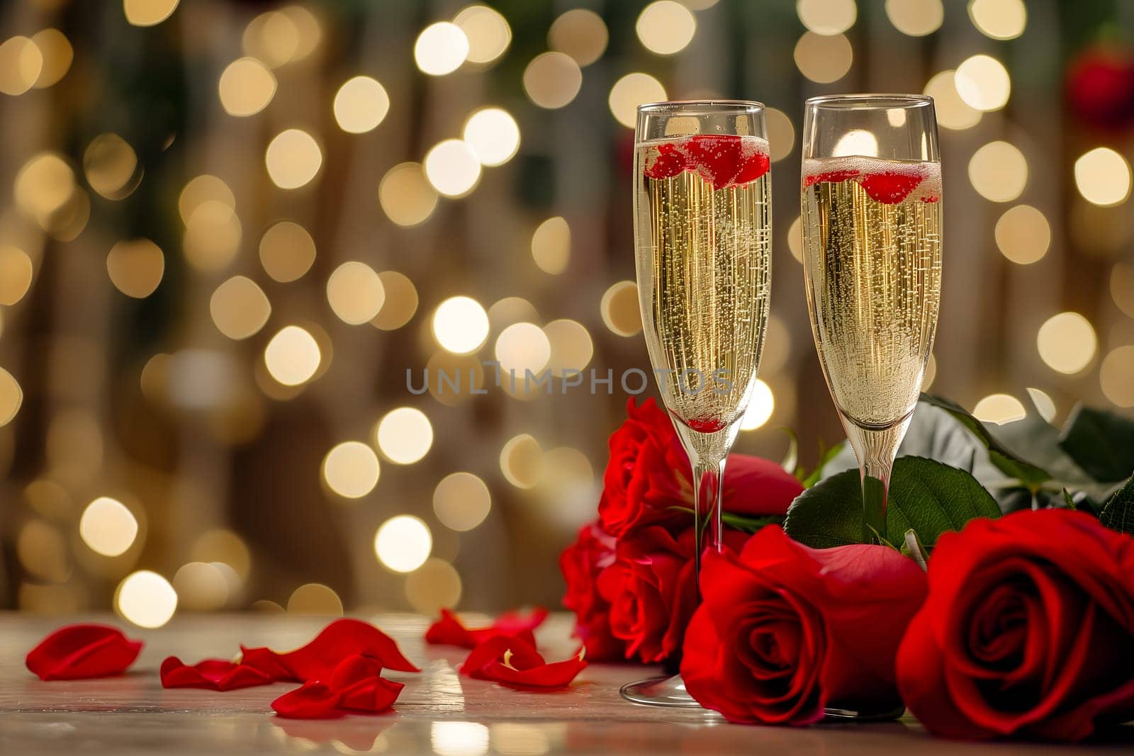 two glasses with sparkling wine or champagne and red roses on table with bokeh lights in the background for generic celebration concept. Neural network generated image. Not based on any actual or scene.