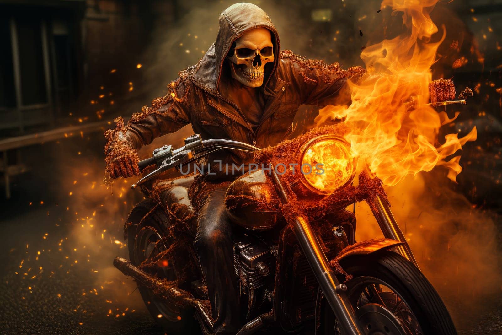 Fearless Human skeleton riding on fire motorbike. Speed race. Generate Ai