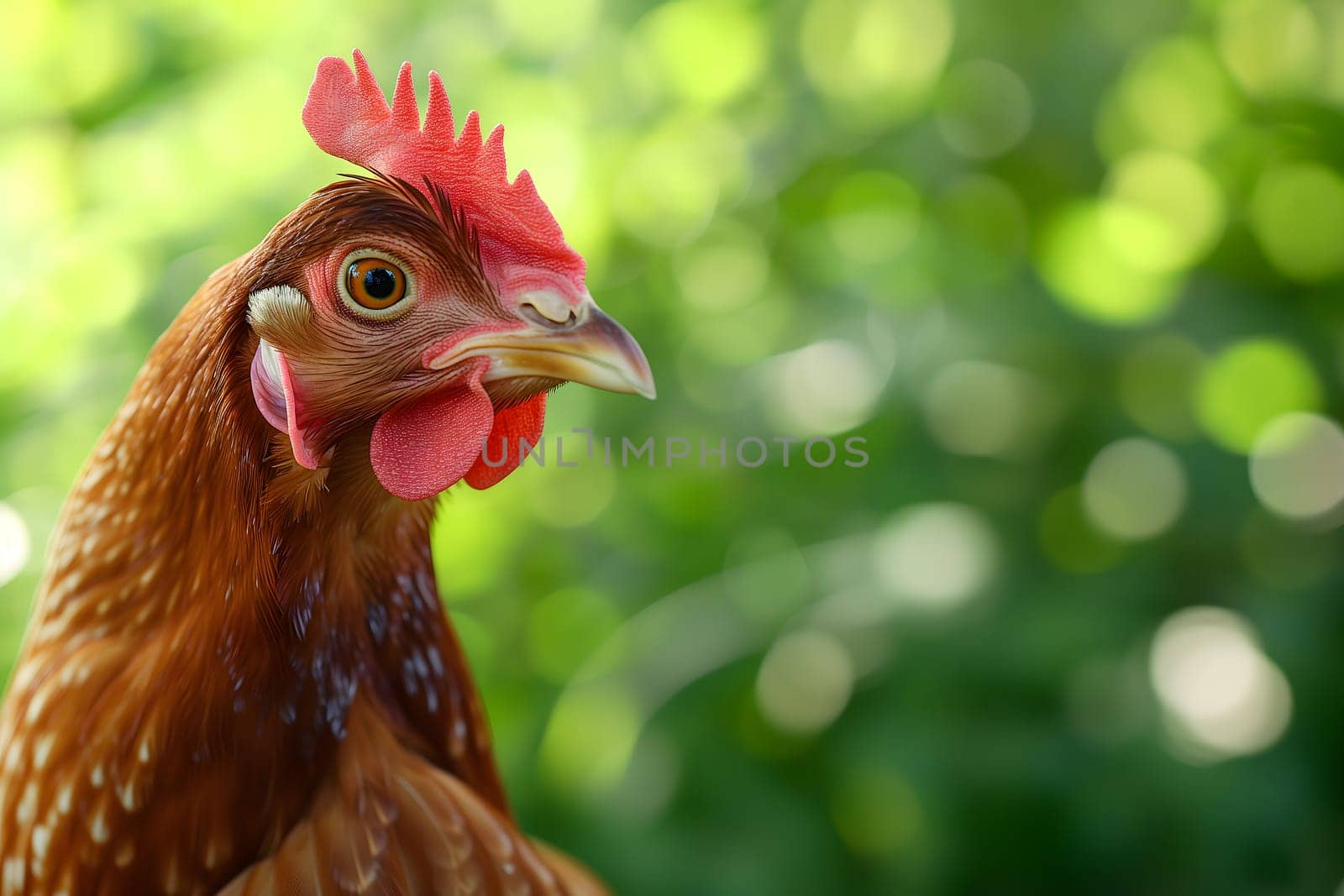 Portrait of hen on the chicken farm, closeup with bokeh. Neural network generated image. Not based on any actual person or scene.