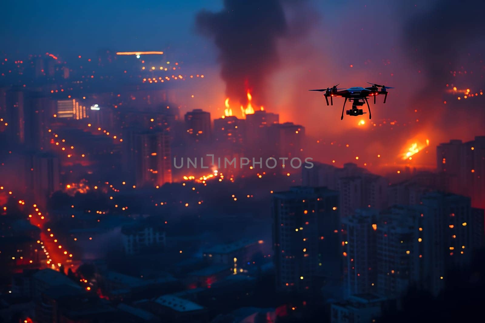 Copter drone over city at sunset or sunrise by z1b