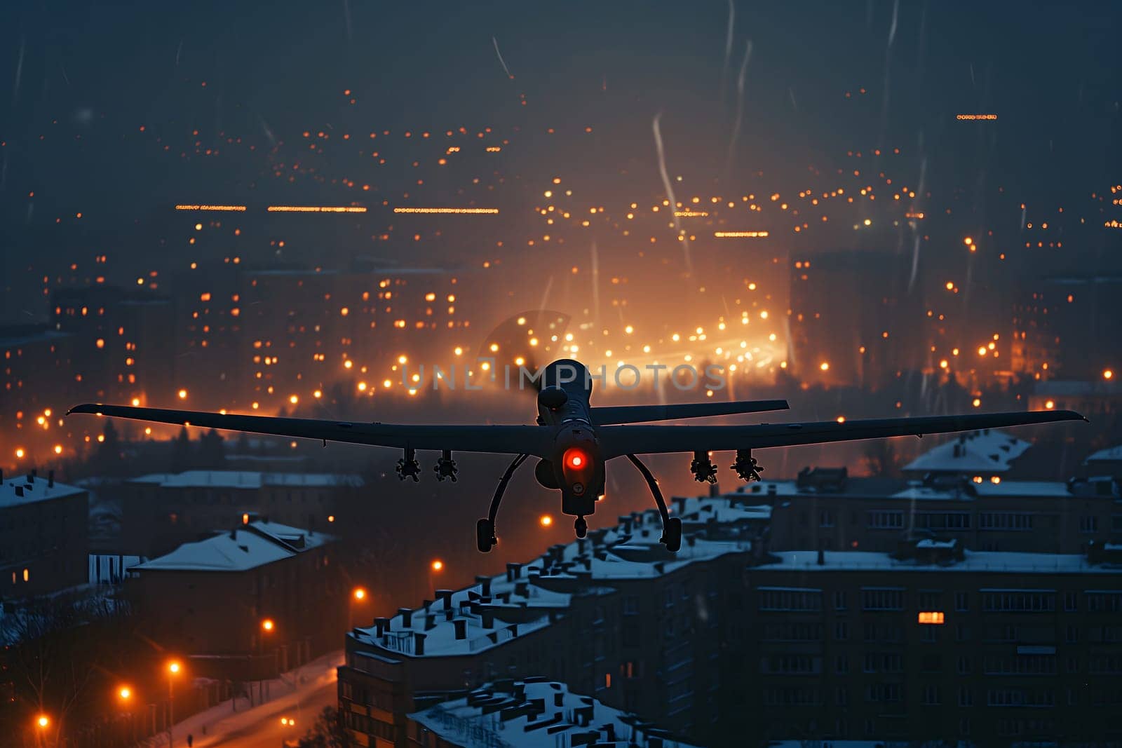 Plane drone over burning city at winter night by z1b