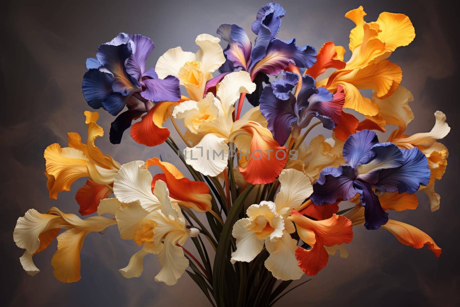Delicate Iris bouquet wedding. Glass lavender. Generate Ai