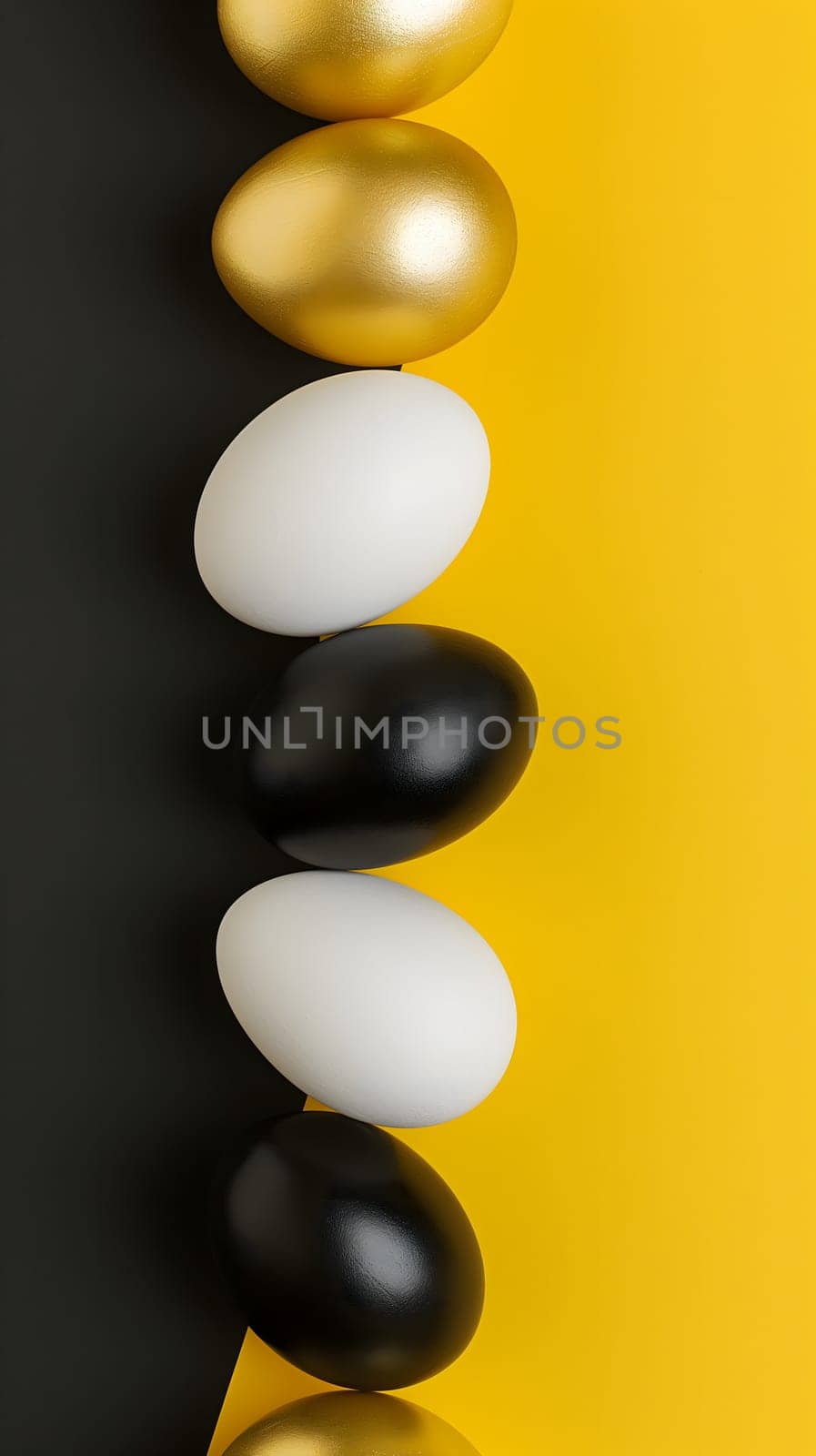 Golden, black, white Easter eggs on a yellow-black background. geometry. Minimal concept. View from above. by z1b