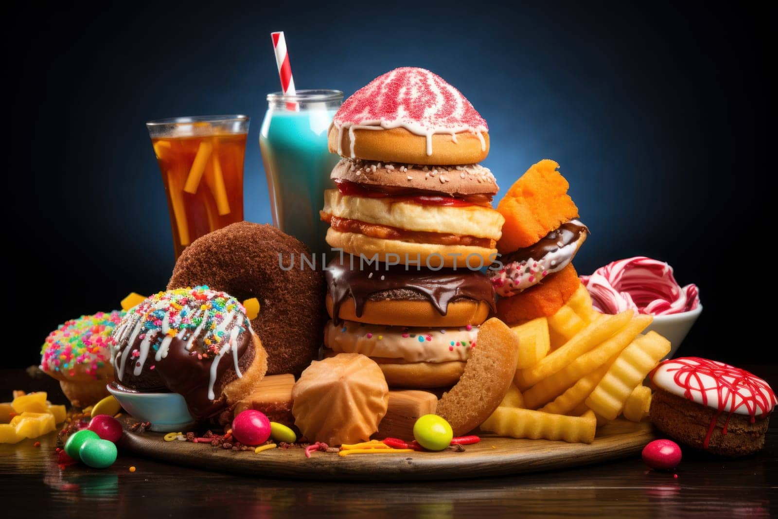 Junk sweet food plate. Fast food eating. Generate Ai