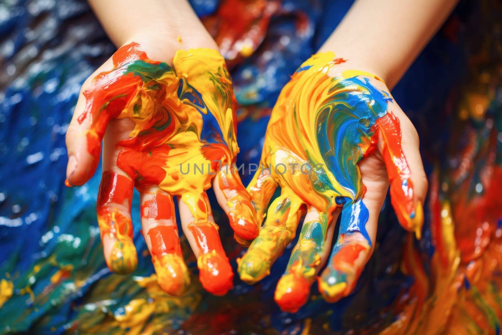 Expressive Kids hands painting. Artist coloring. Generate Ai