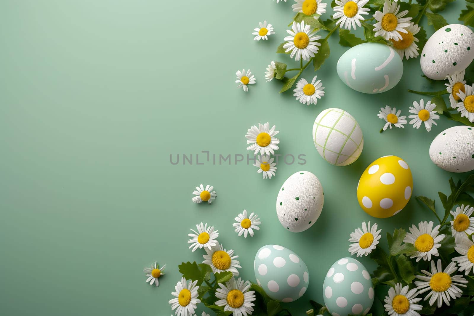 Easter eggs day background with copy space, high angle view. by z1b