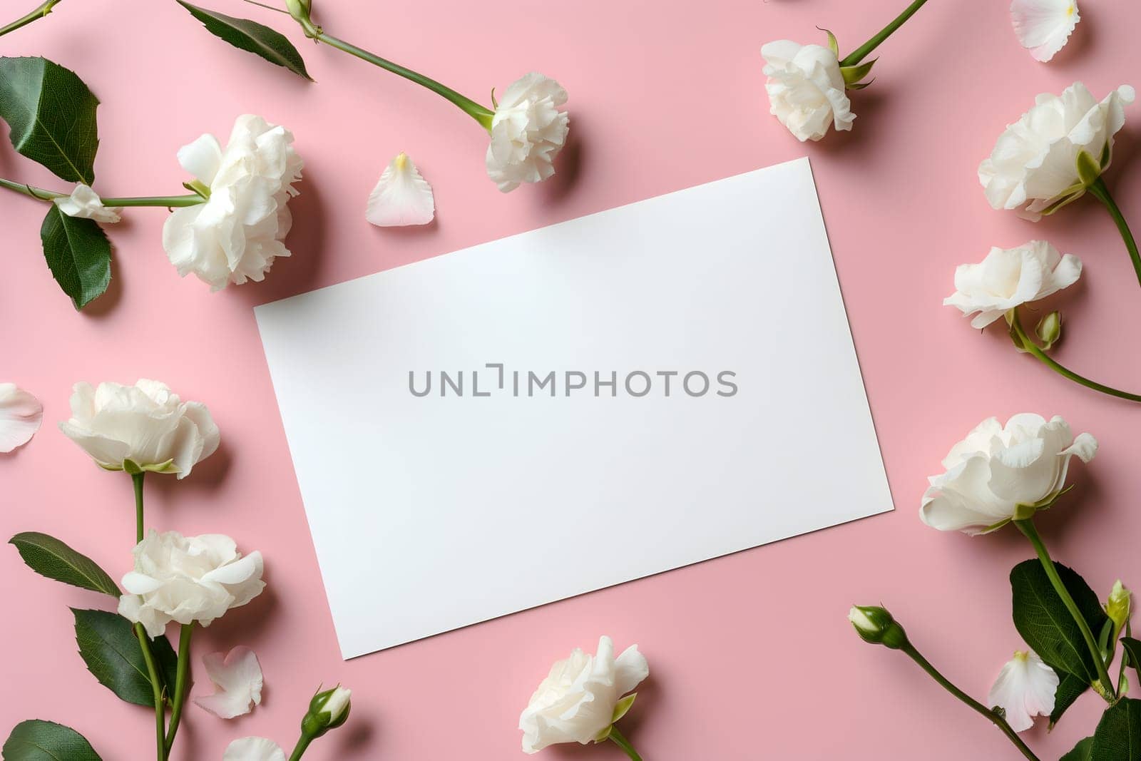 white greeting card with flowers mock up high angle view directly above decoration by z1b