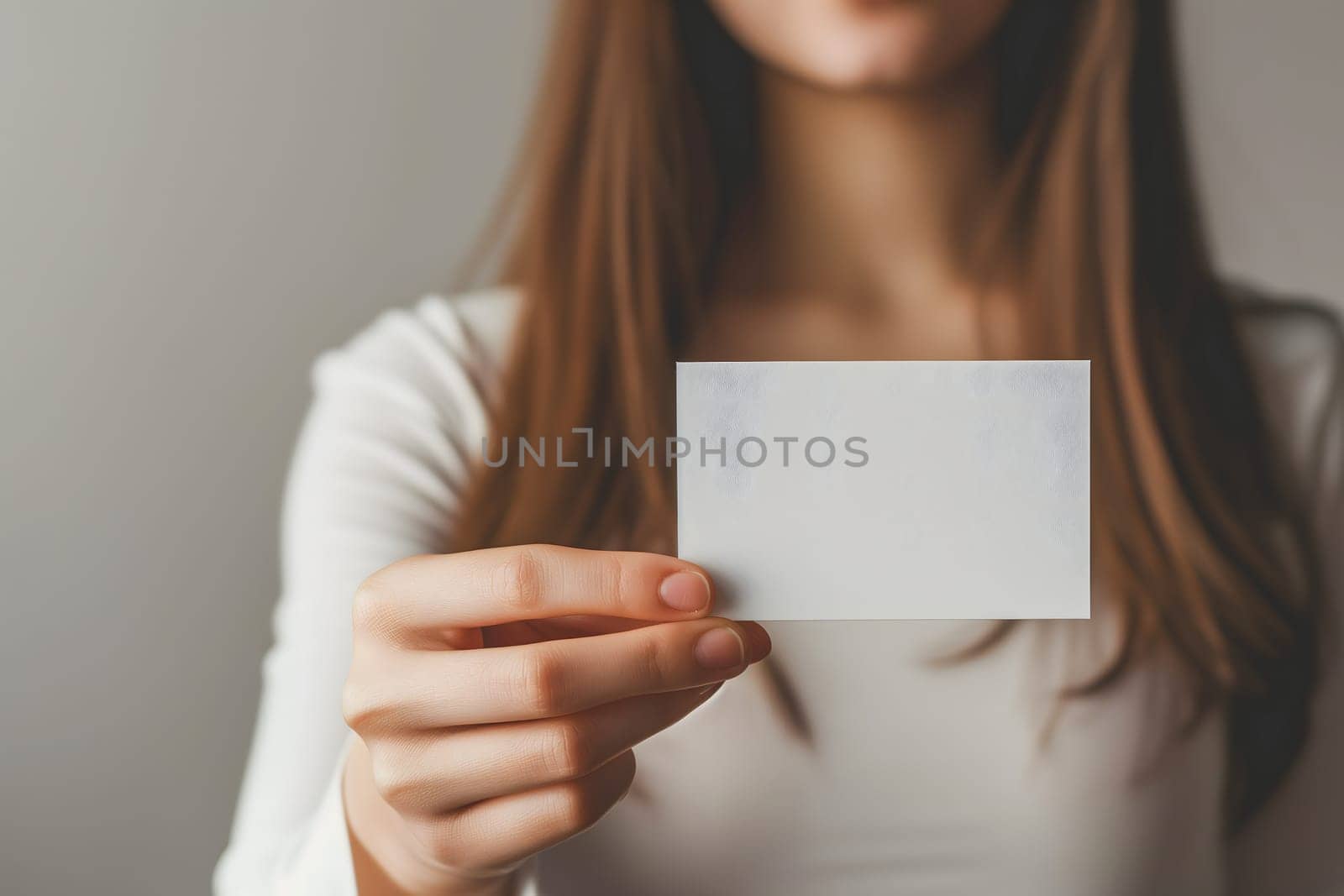 Caucasian woman Hand holding blank business card on white background by z1b