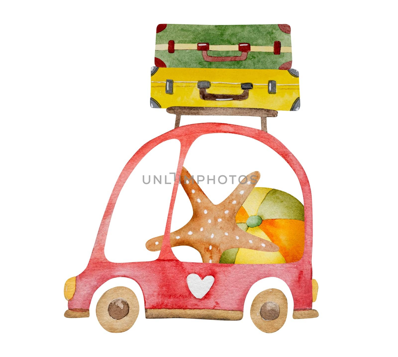 Hand-Drawn Watercolor Illustration Features Car Going On Vacation With Suitcases On Roof, Perfect For Summer Clipart