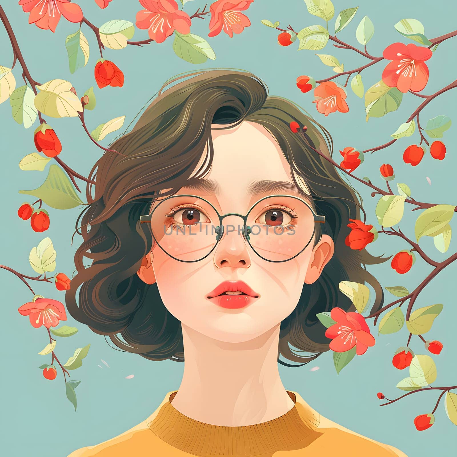A woman with glasses and a yellow shirt has a face adorned with flowers. The plants provide a colorful contrast to her hair, cheeks, lips, and head