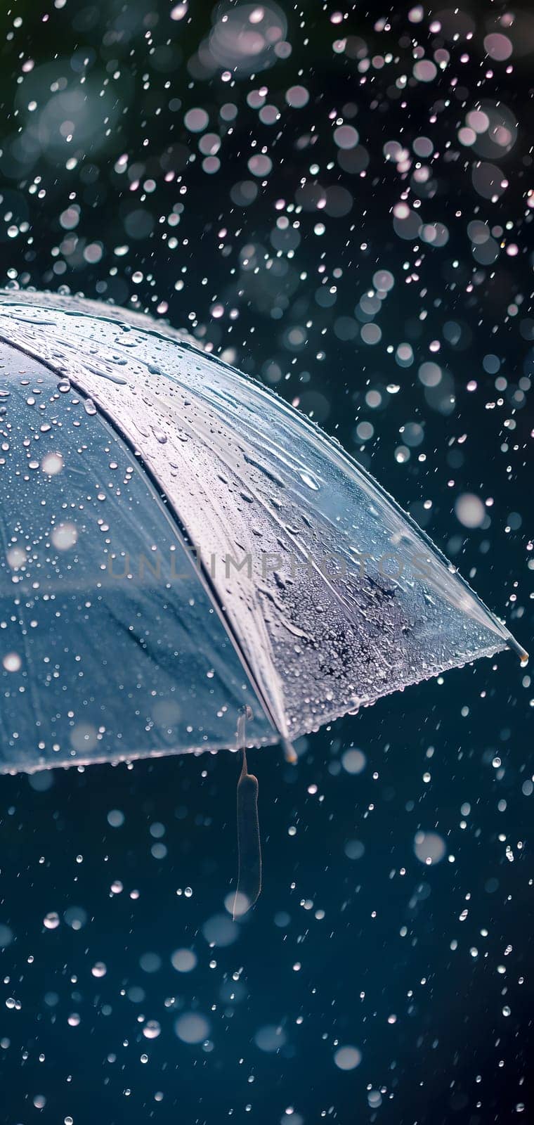 Close up, transparent umbrella under rainfall against a background of water droplets splashing. Concept of rainy weather. Neural network generated image. Not based on any actual scene or pattern.