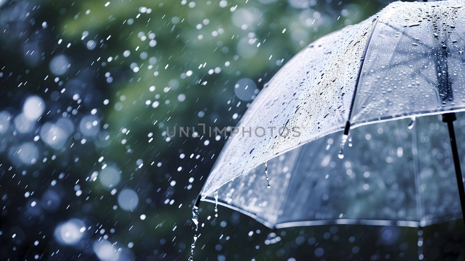 Close up, transparent umbrella under rainfall against a background of water droplets splashing. Concept of rainy weather. Neural network generated image. Not based on any actual scene or pattern.