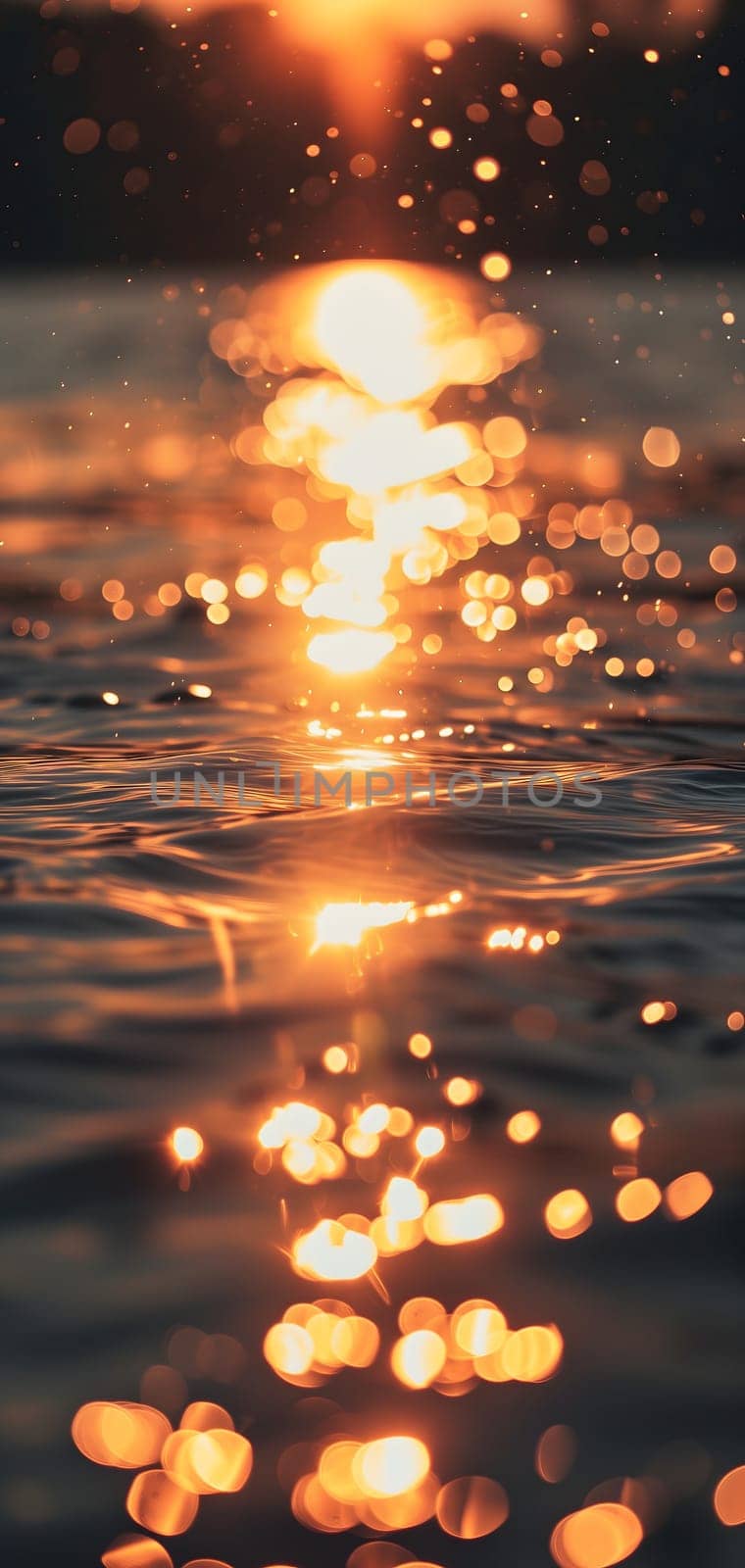 Sunset bokeh on water: golden sky over a body of water, with the light reflecting and creating a bokeh effect. by z1b