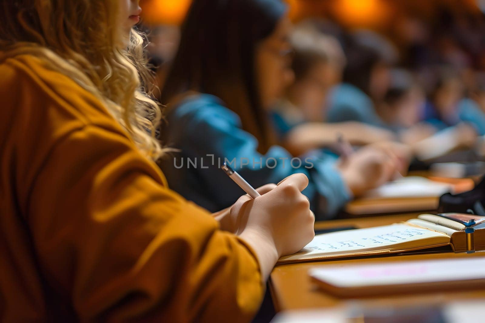 Close up, concept of students studying in a classroom lecture. Neural network generated image. Not based on any actual scene or pattern.