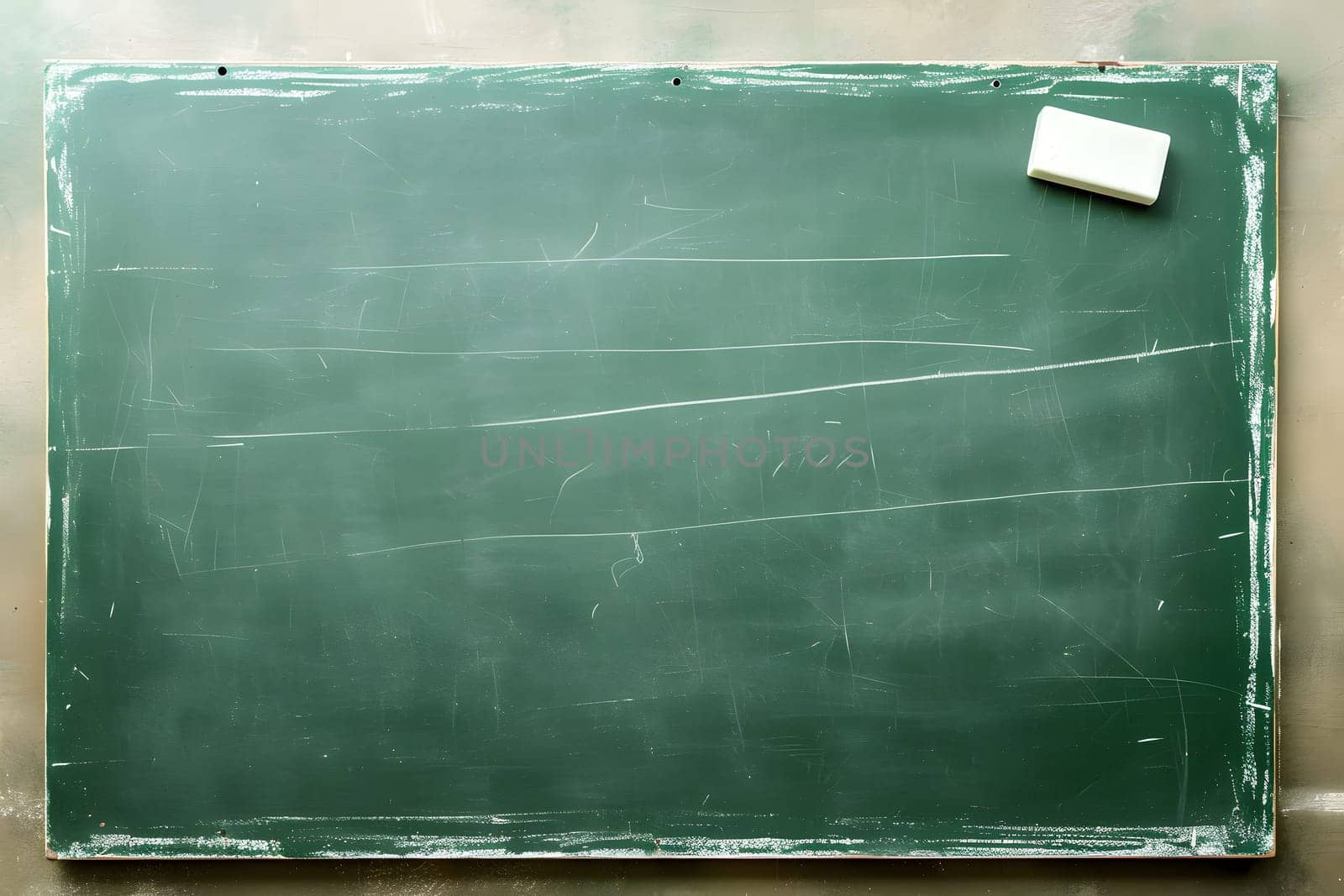 First-class, An empty green chalkboard with an eraser and white chalk, ready for Teacher's Day. Neural network generated image. Not based on any actual scene or pattern.