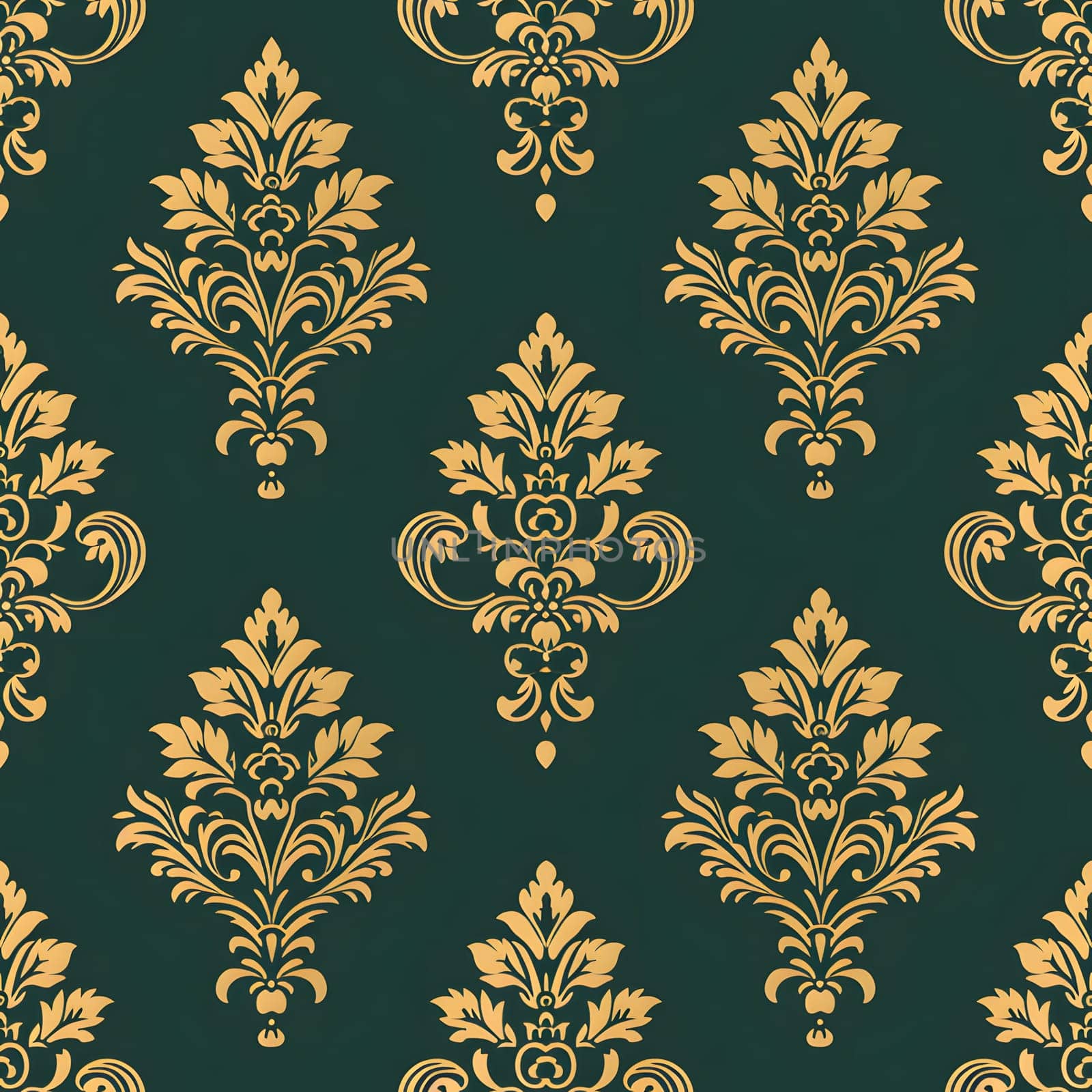 Seamless texture of green and gold damask pattern. Neural network generated image. Not based on any actual scene or pattern.