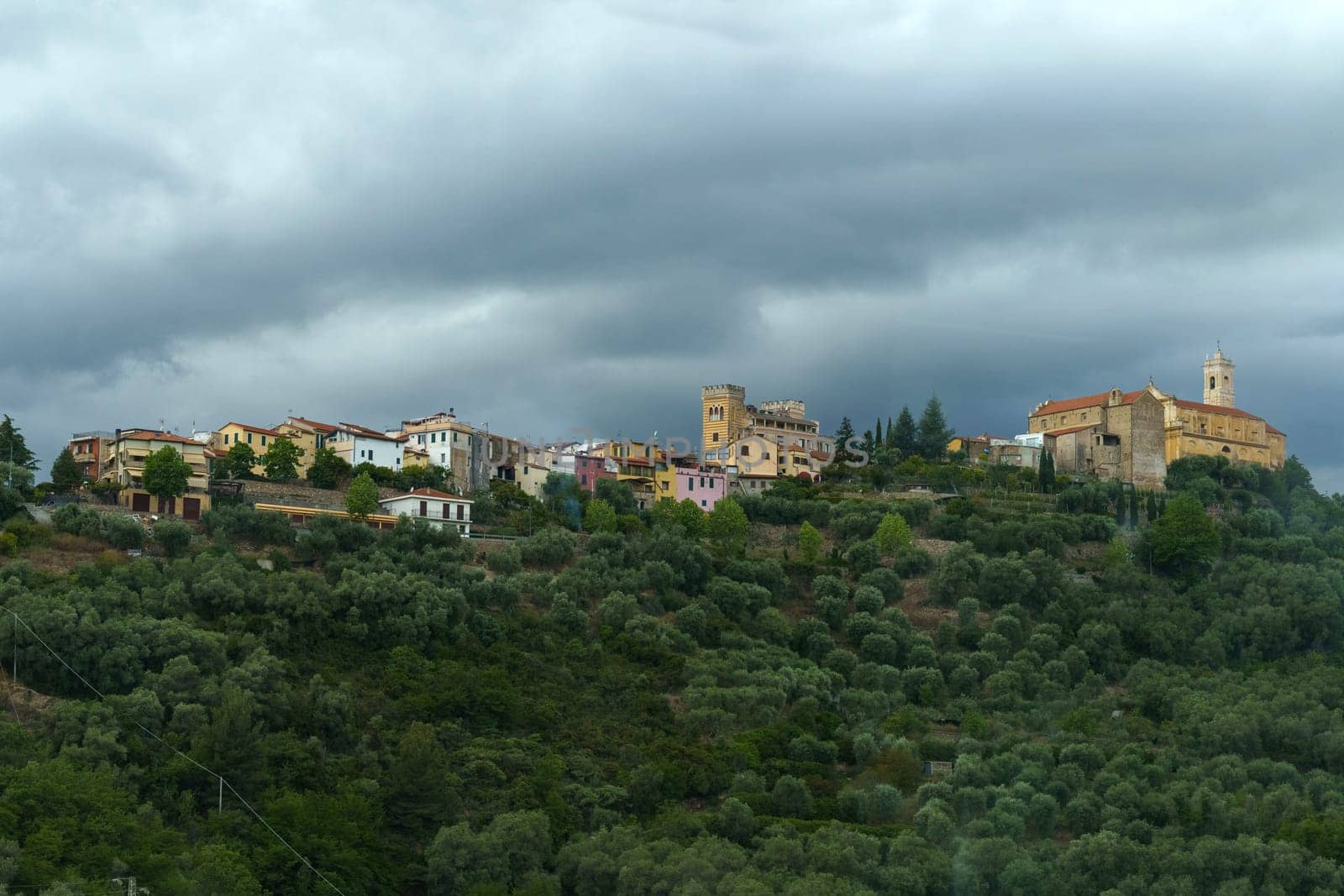 A small village perched on the peak of a hill, surrounded by fields and forests. The rustic homes and winding pathways create a quaint scene against the backdrop of the sky.