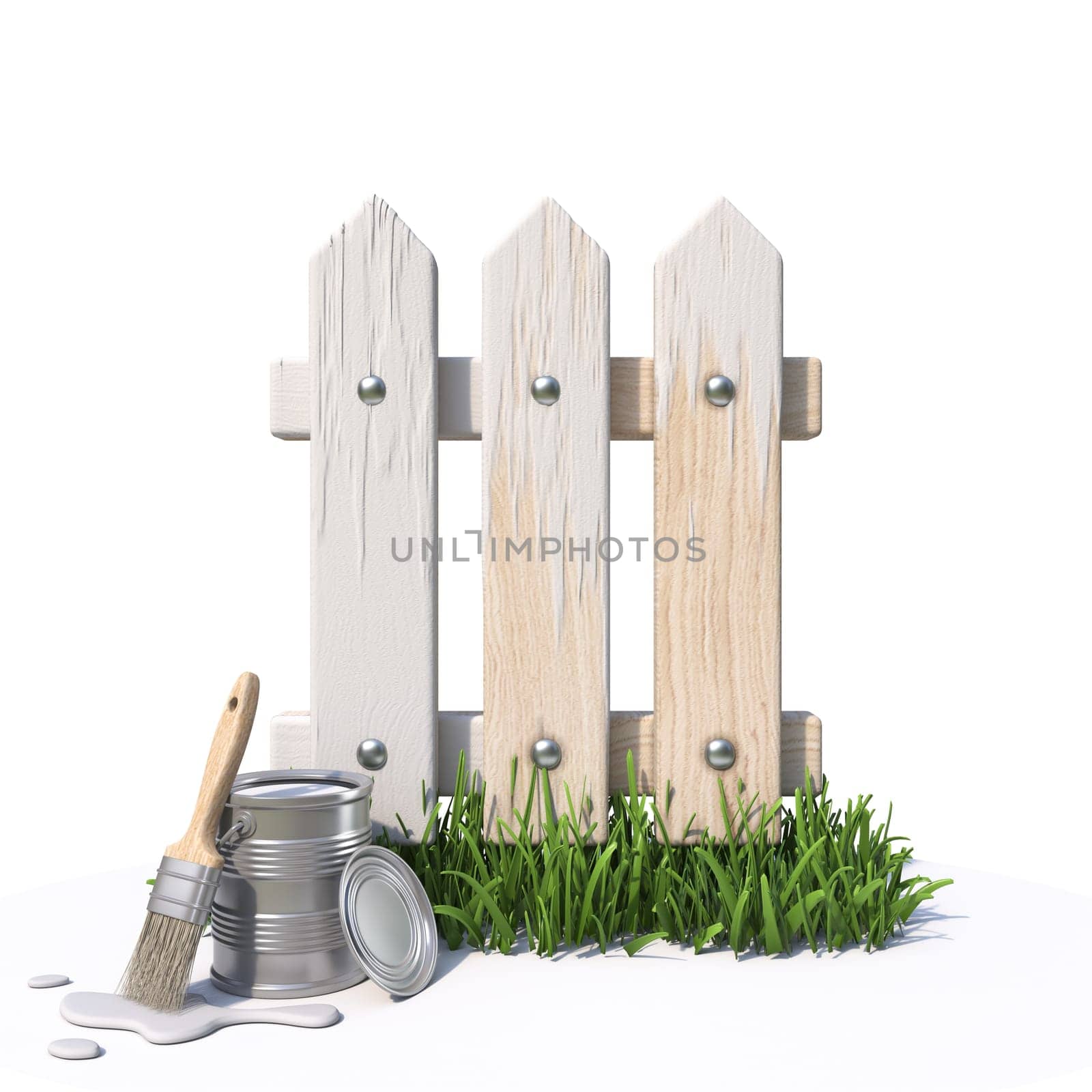 Painting fence icon with grass and color tin 3D rendering illustration isolated on white background