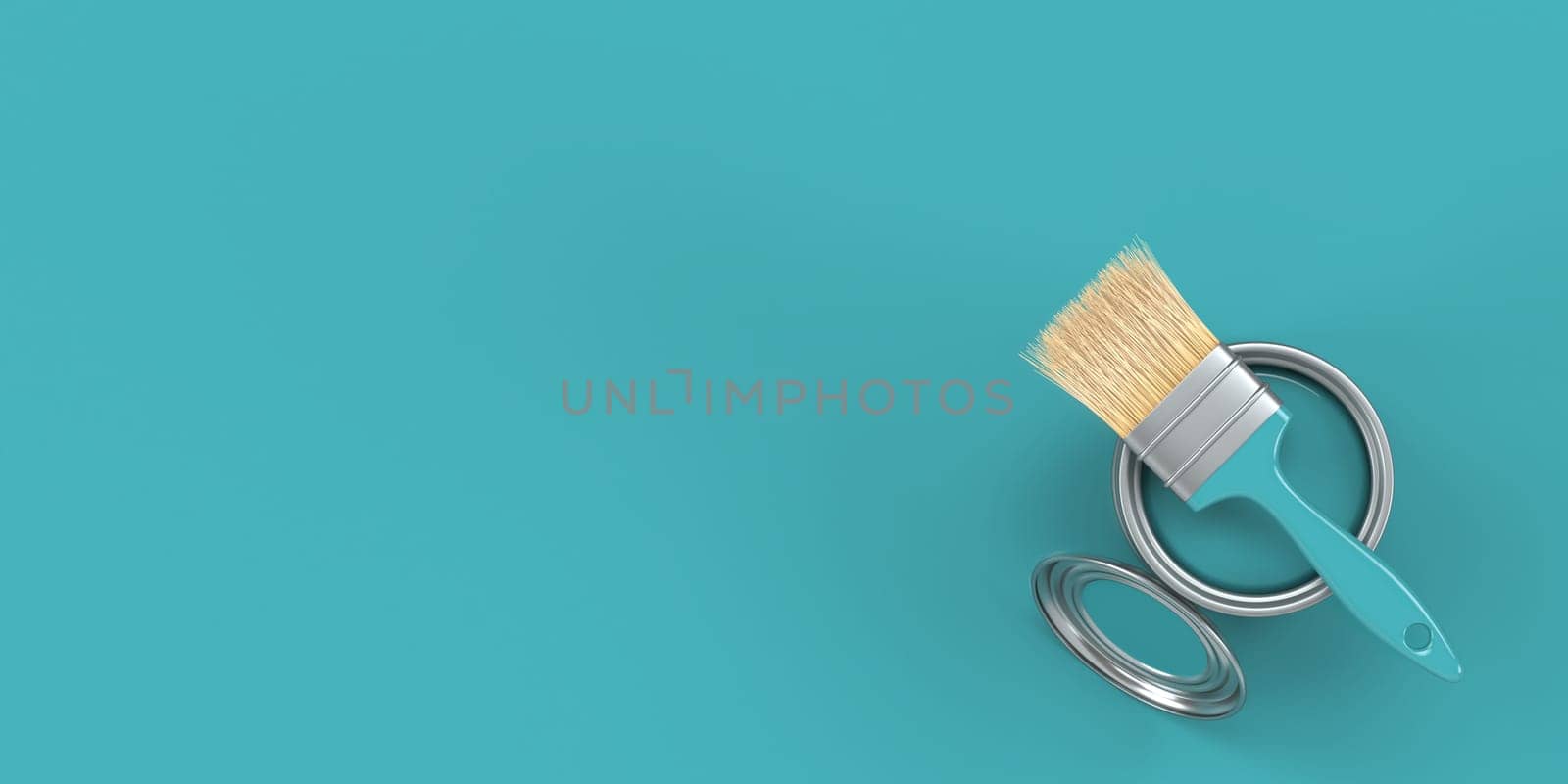 Painting brush on metal tin 3D rendering illustration isolated on blue background