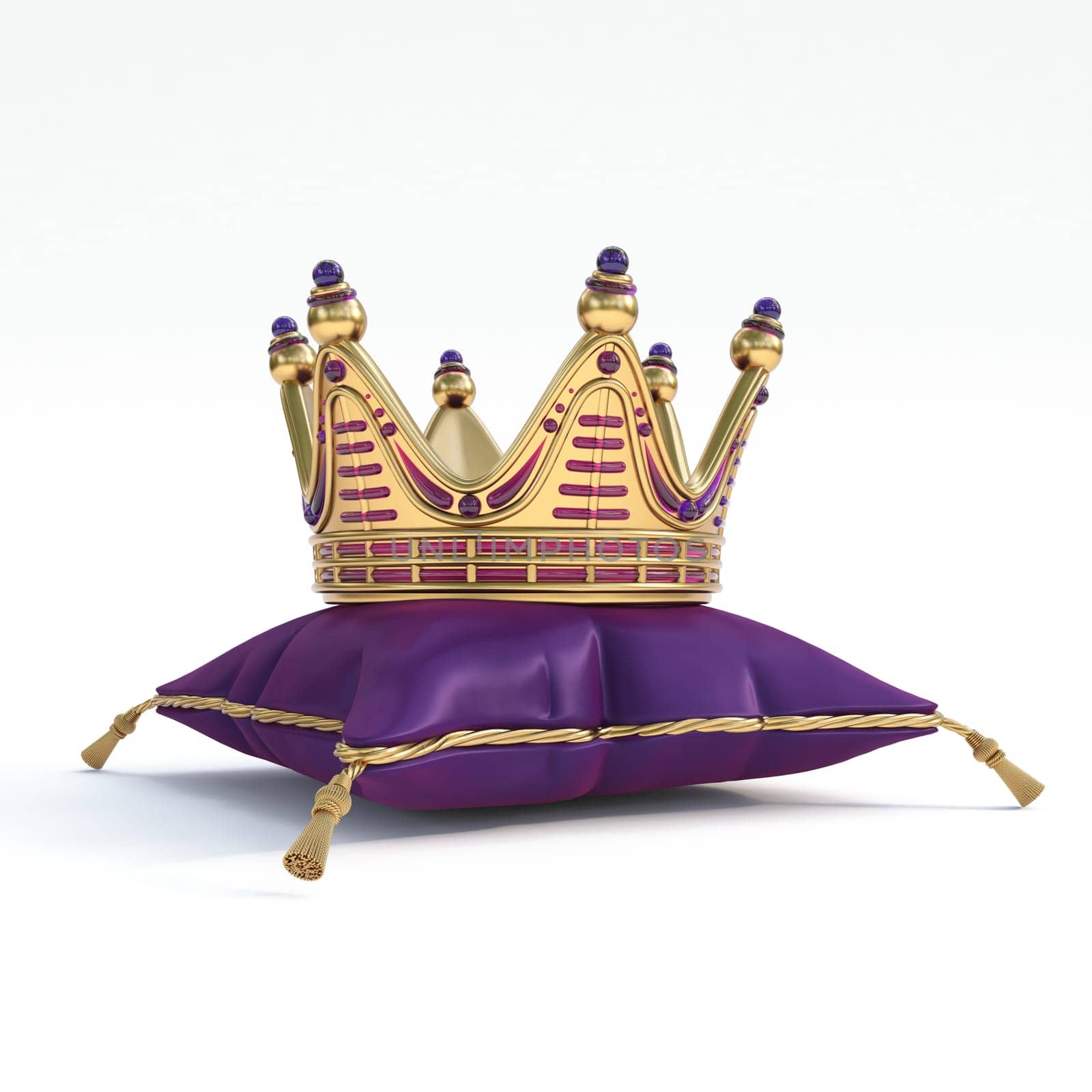 Golden crown with purple gemstones  on pillow 3D rendering illustration isolated on white background