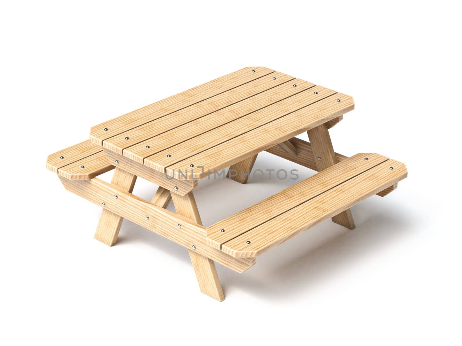 Wooden picnic table 3D rendering illustration isolated on white background