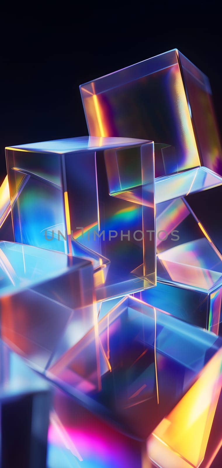 Abstract background of glass cubes with colorful orange and pink lighting. Neural network generated in January 2024. Not based on any actual scene or pattern.
