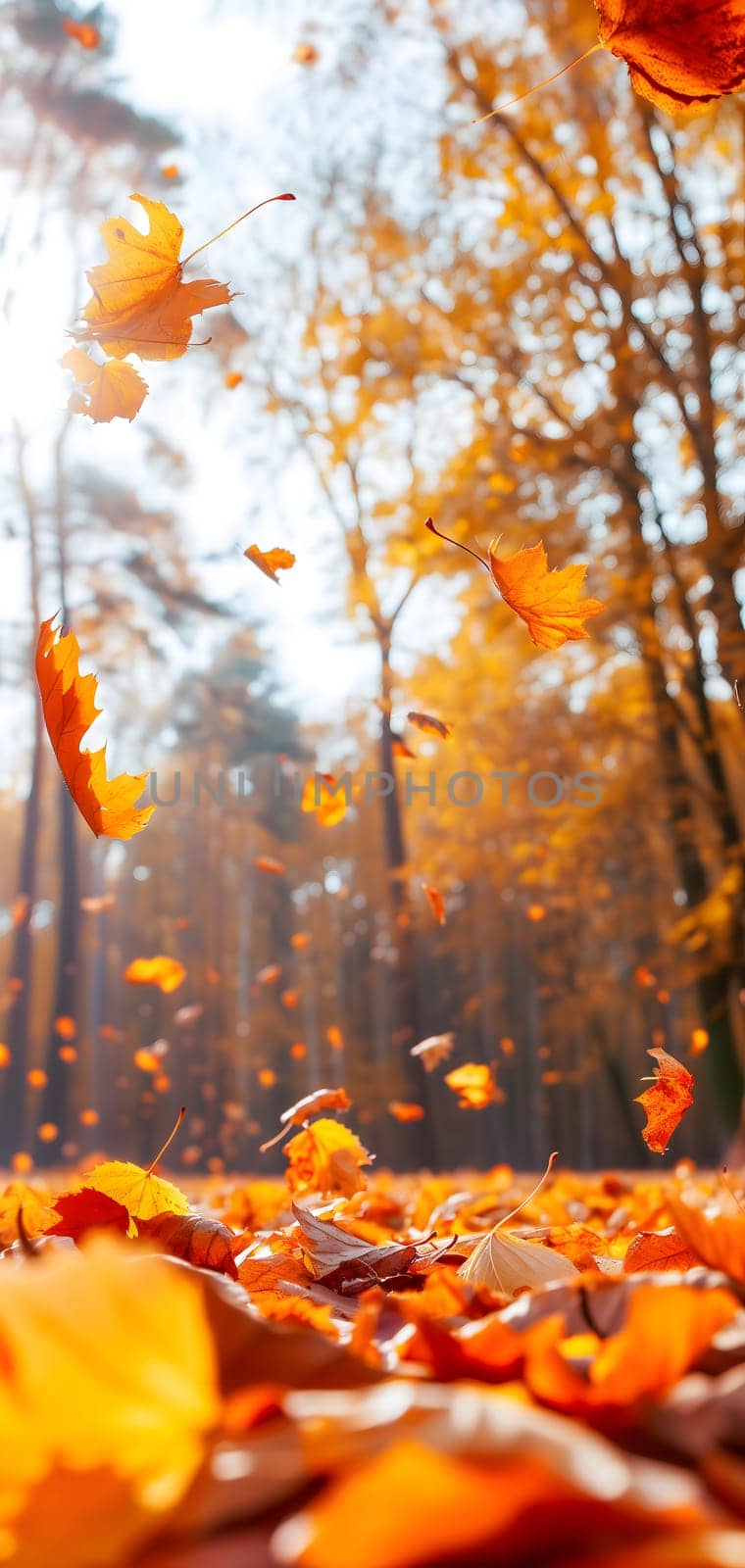 Beautiful autumn view with colorful foliage in the park. Falling leaves background with copy space and selective focus. Neural network generated in January 2024. Not based on any actual scene or pattern.