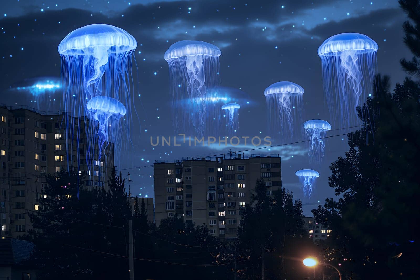 Glowing blue jellyfish UFO over night city. Neural network generated image. Not based on any actual scene or pattern.