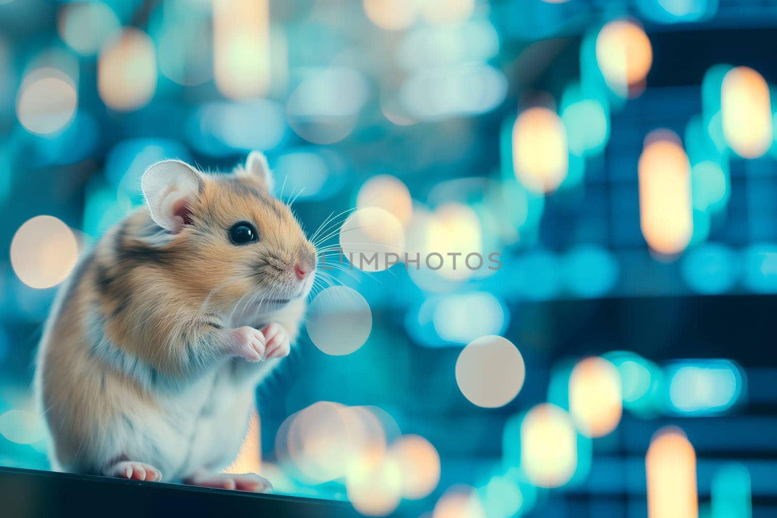 Hamster in front of blurry trading charts, novice in stock exchange and asset market concept. Neural network generated image. Not based on any actual scene or pattern.