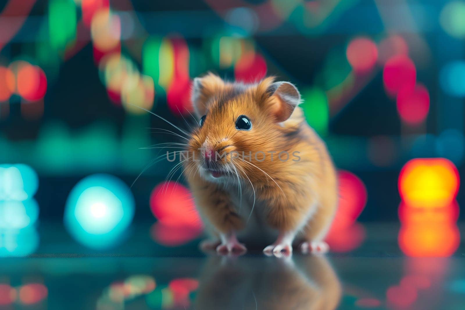 Hamster in front of blurry trading charts, novice in stock exchange and asset market concept. Neural network generated image. Not based on any actual scene or pattern.