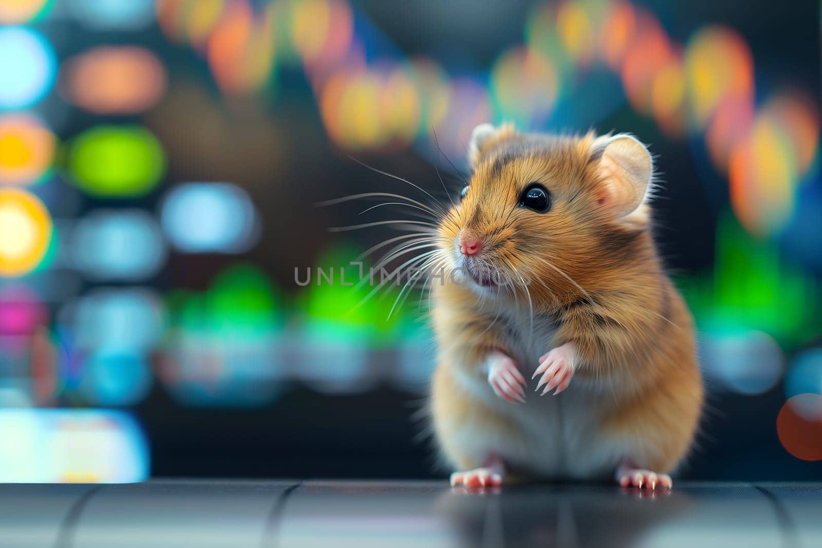 Hamster in front of blurry trading charts, novice in stock exchange and asset market concept. Neural network generated image. Not based on any actual scene or pattern.