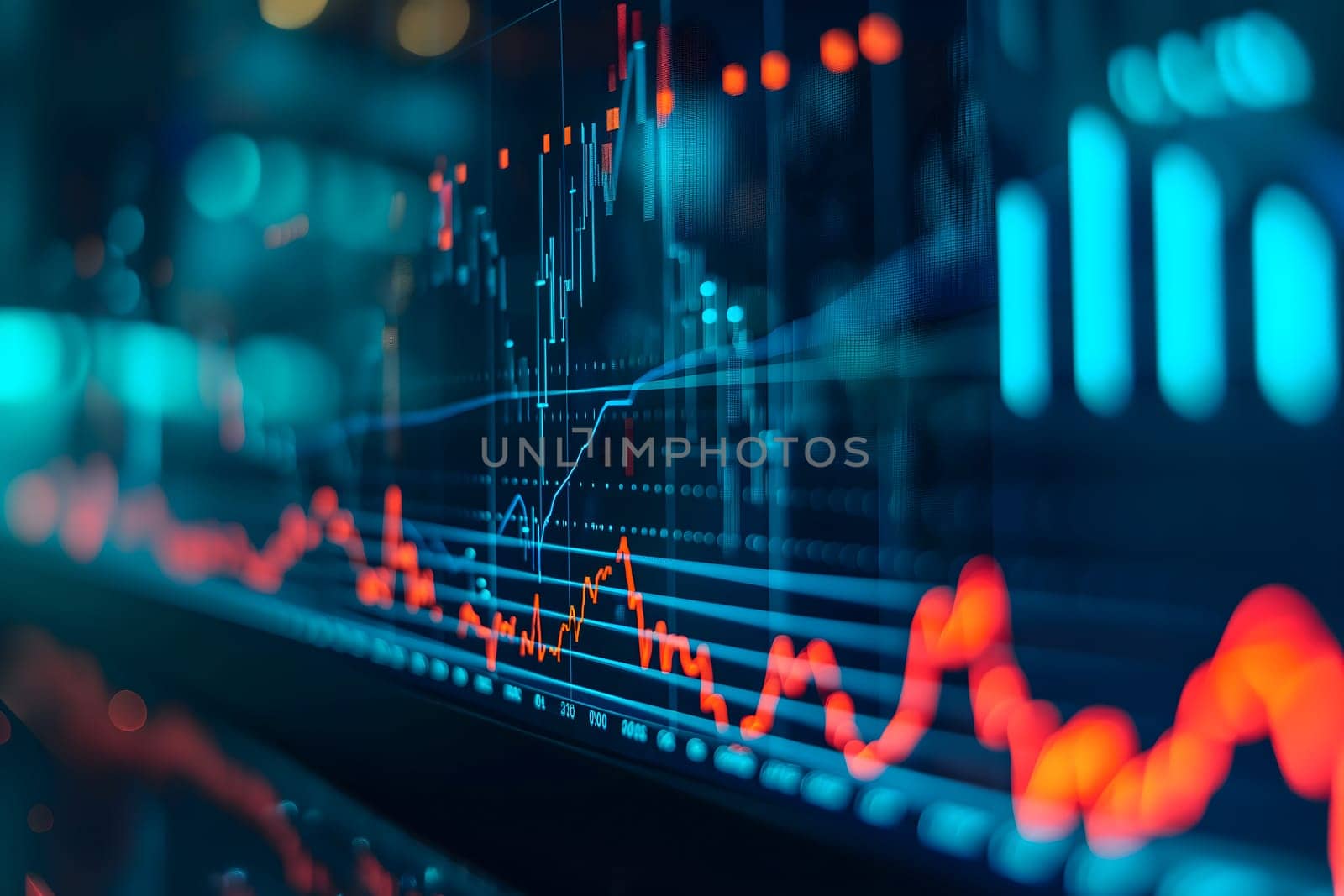 Investing and Trading: Digital Charts and Graphs Reflect modern Market Volatility. Neural network generated image. Not based on any actual scene or pattern.