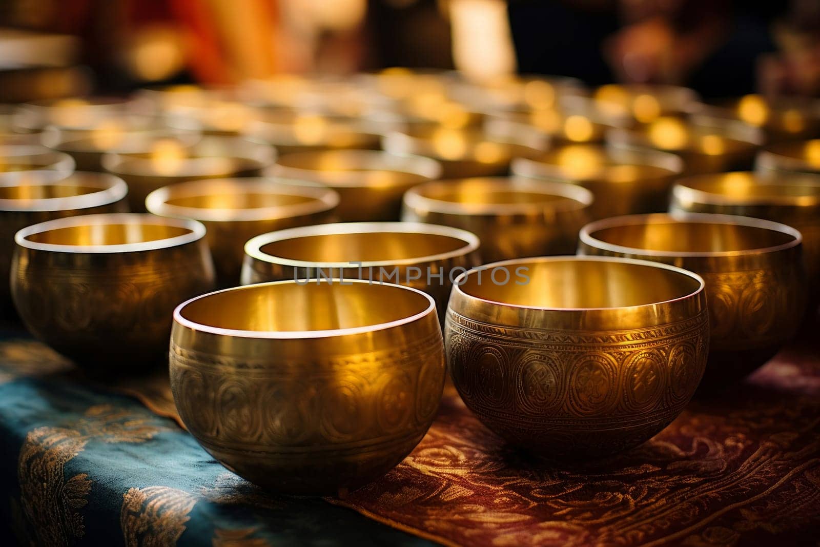 Radiant Golden singing bowls. Culture sound asian. Generate Ai