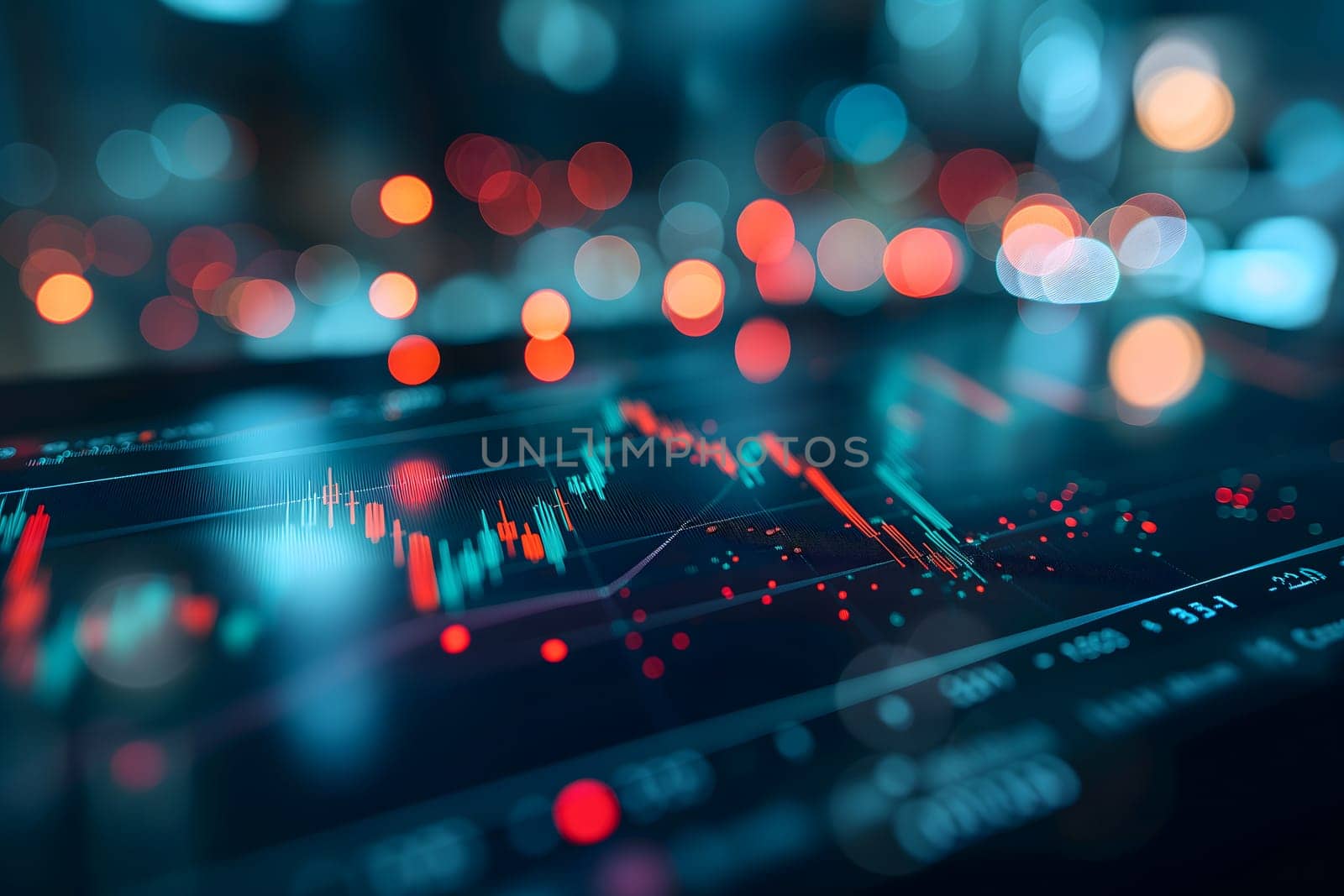 Investing and Trading: Digital Charts and Graphs Reflect modern Market Volatility. Neural network generated image. Not based on any actual scene or pattern.