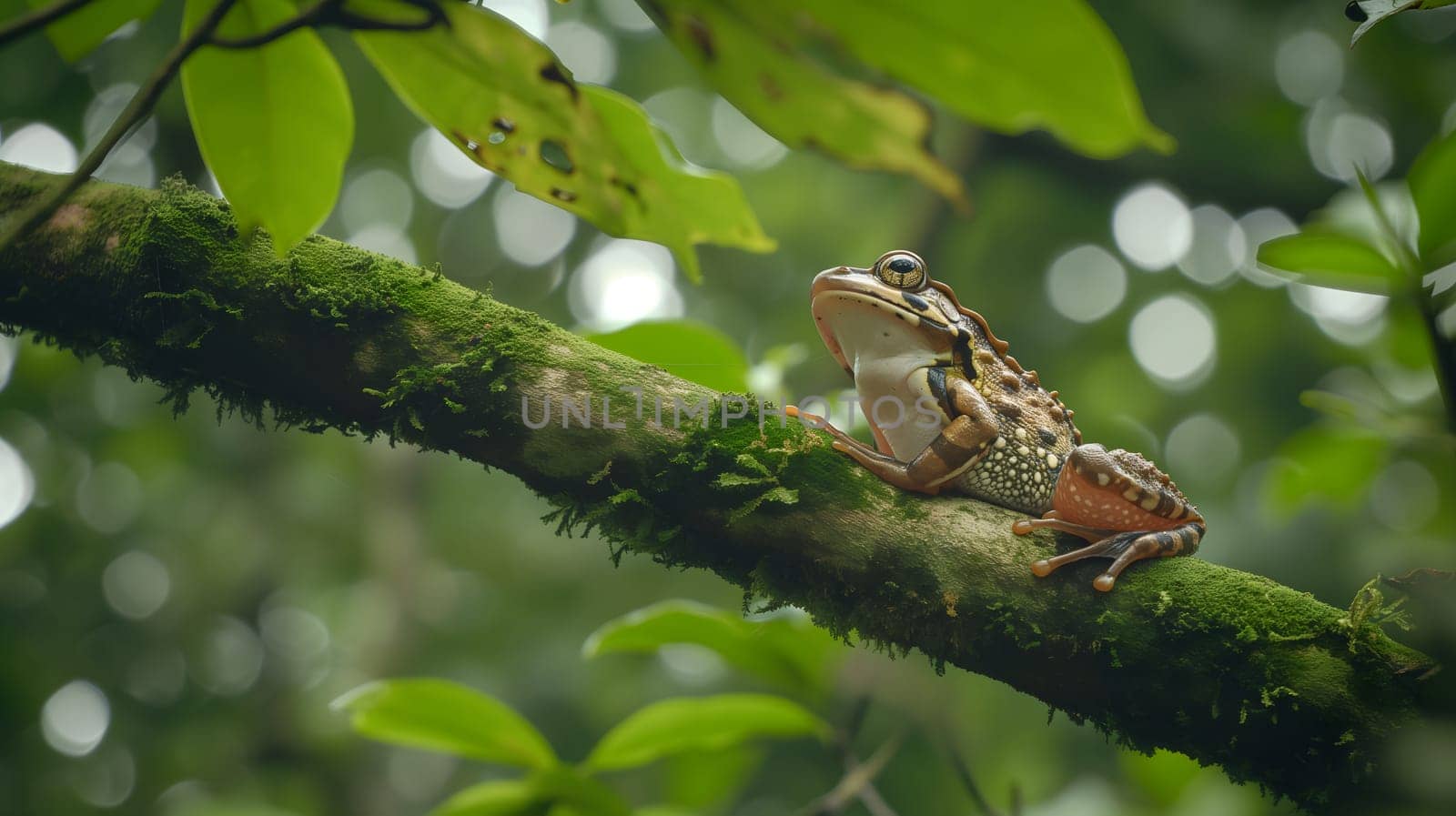 A frog resting on a tree branch in dense jungles. Neural network generated image. Not based on any actual scene or pattern.