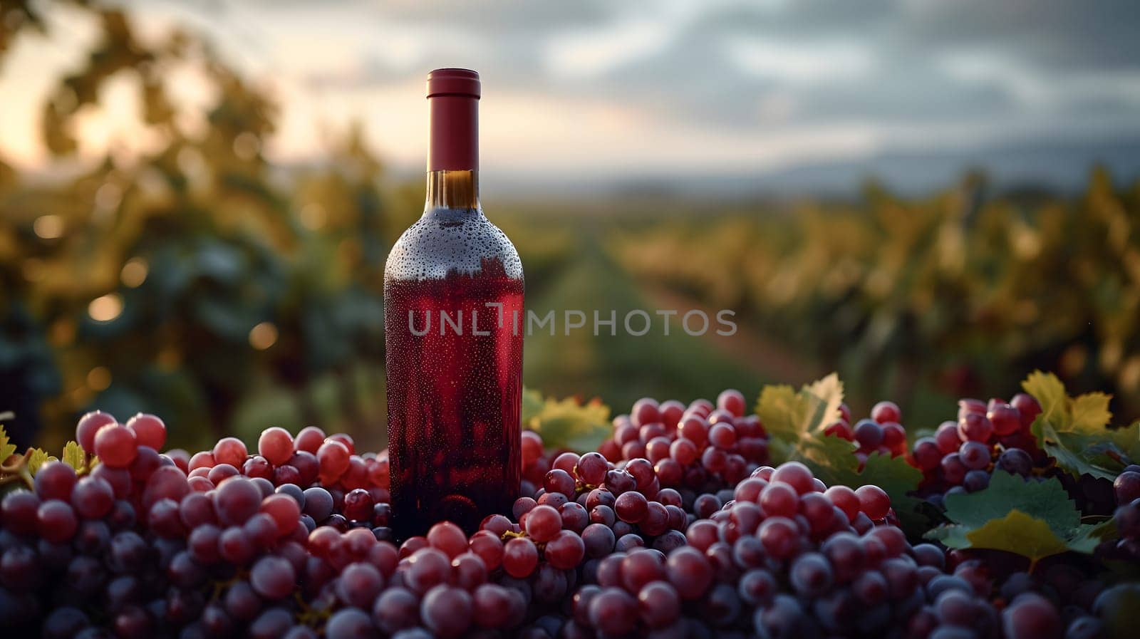 A red wine bottle in front of a landscape of grape farmland. Neural network generated image. Not based on any actual scene or pattern.