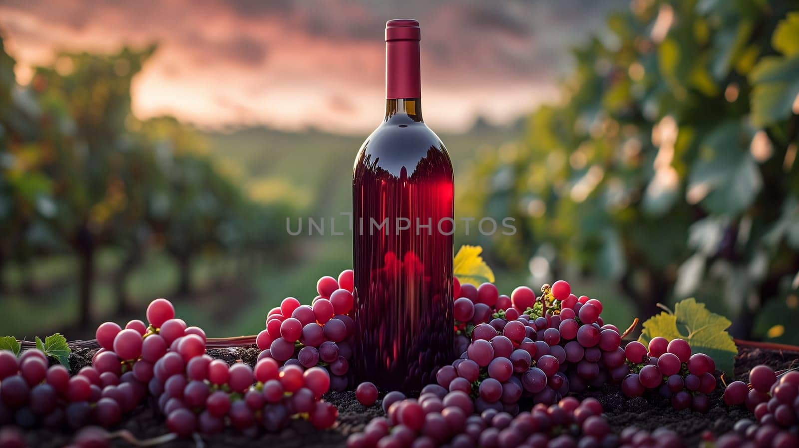 A red wine bottle in front of a landscape of grape farmland. by z1b