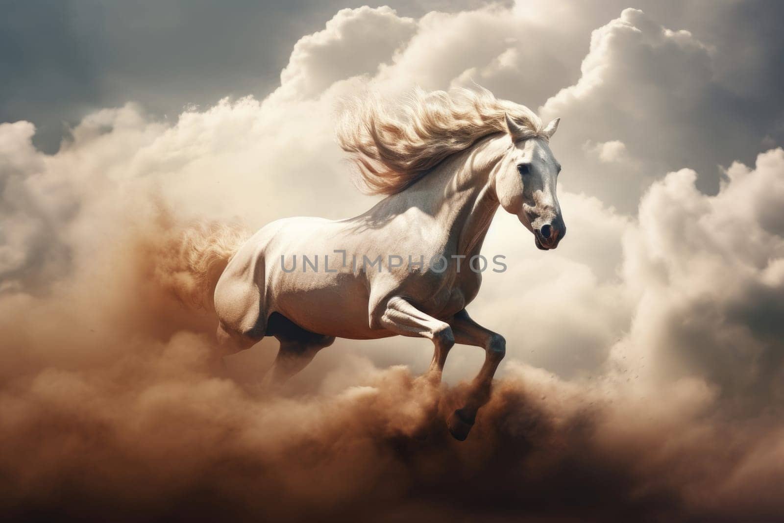 Powerful Horse wild running through clouds. Beautiful mammal. Generate Ai