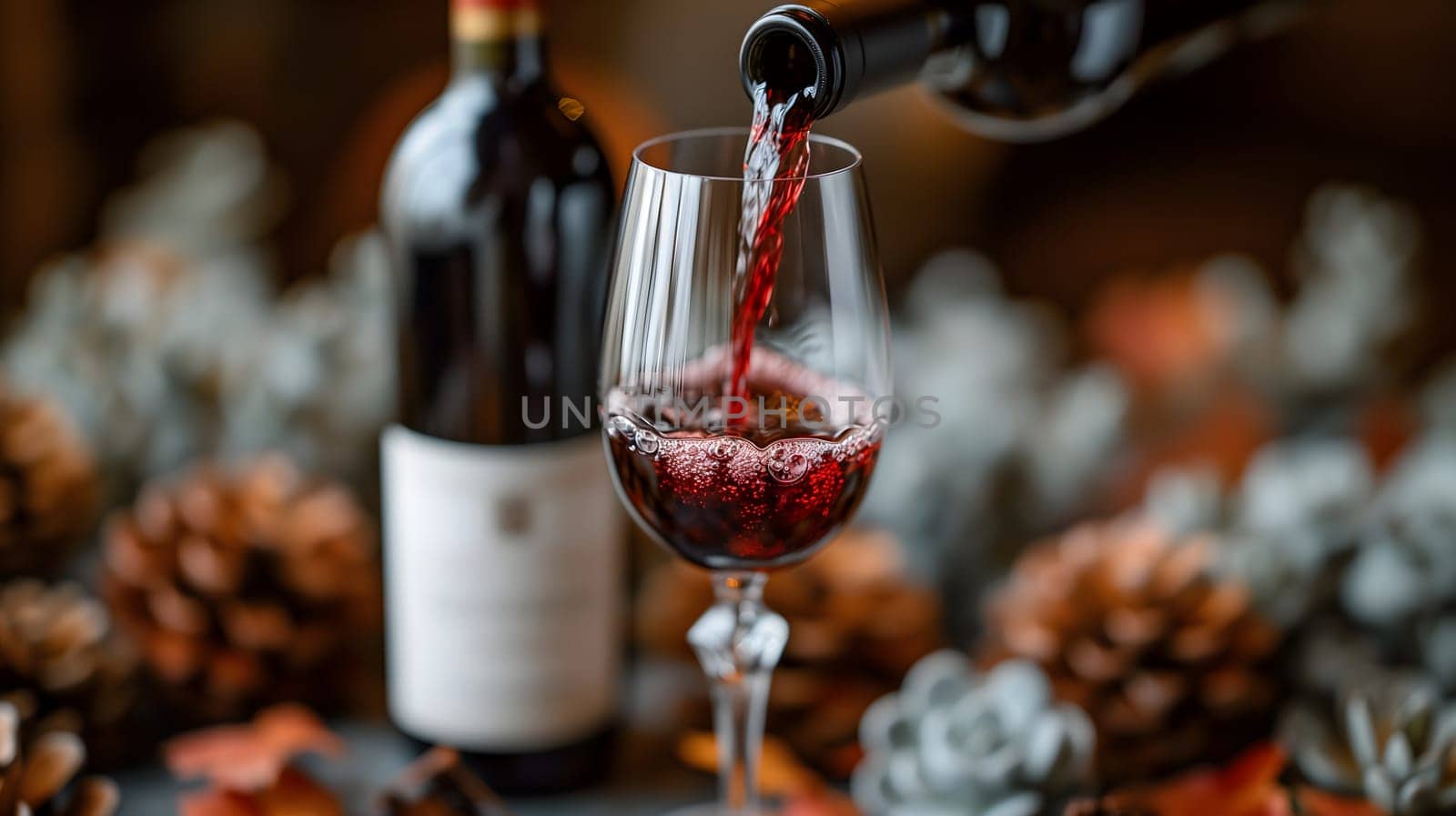 A wine bottle, with its elegant shape and deep red liquid inside, is being poured into a crystal glass, ready to be enjoyed during a romantic dinner. by z1b